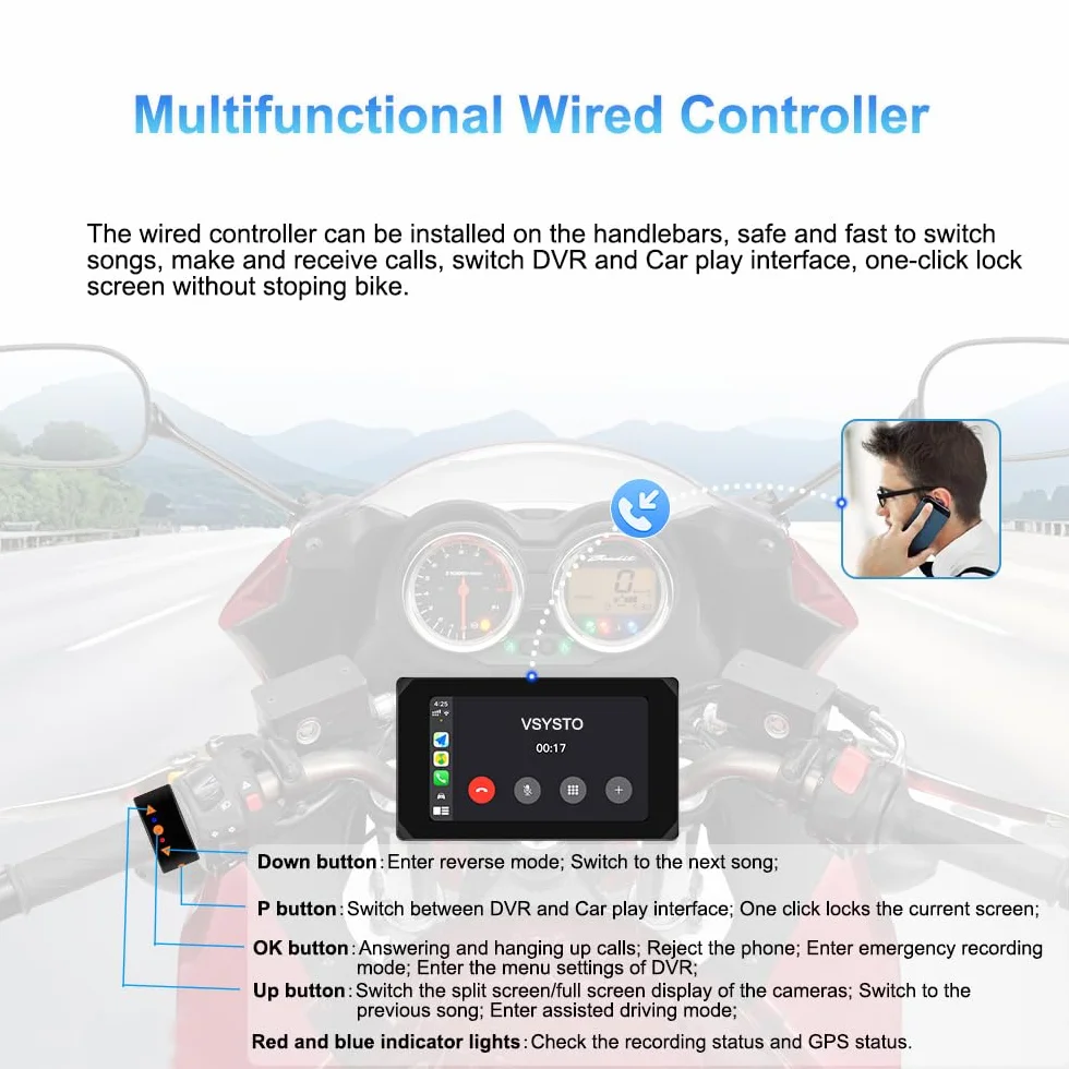 Dashcam per moto VSYSTO, 5,0 pollici, impermeabile, touchscreen per auto e Android con doppia telecamera anteriore e posteriore 150°, 1080P, visione notturna, navigazione GPS, telecomando (CS5-Pro)