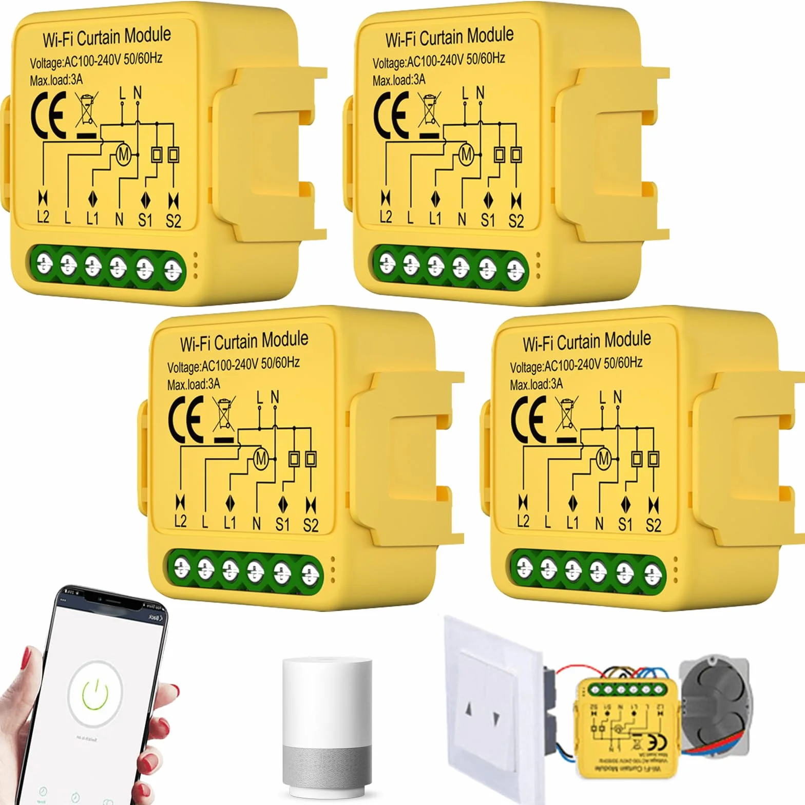 4 interruttori intelligenti per tapparelle WiFi, interruttore intelligente da incasso, modulo per tapparelle con regolazione della durata per tende e tende da sole, compatibile con Google Home