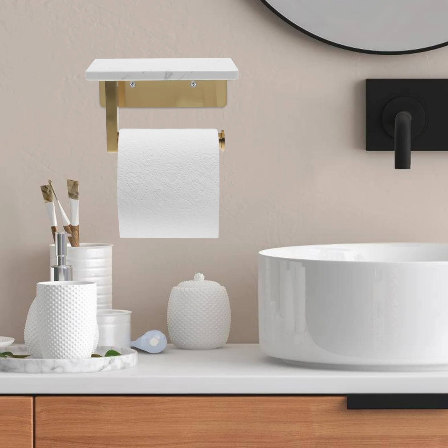 Portarotolo di Carta da Parete in Acciaio Inox Ripiano Marmo | Distanza Foro Centrale 8, 3cm, Finitura Oro, per Bagno Moderno ed Elegante