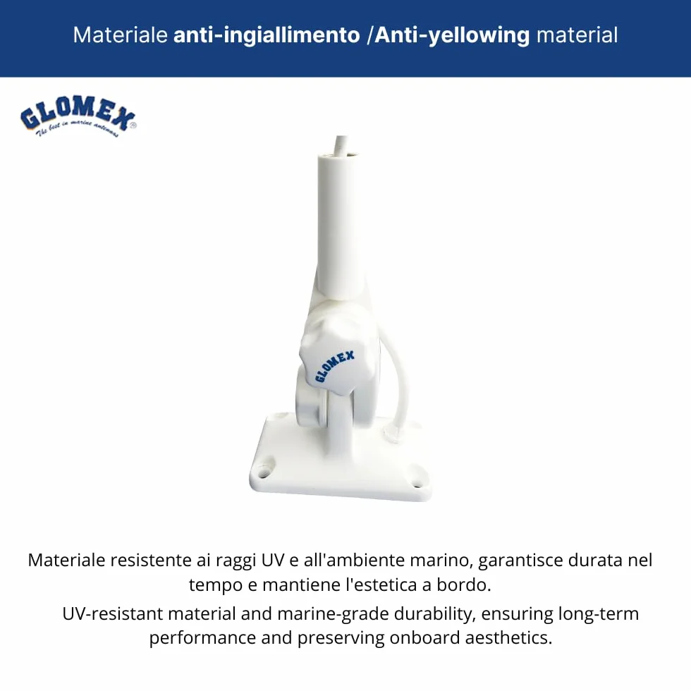 Glomex – Base a Doppio Snodo Glomeasy in Nylon (Bianco), Modello RA135FME – Bloccaggio a Manopola, Passacavo Impermeabile, Filettatura 5/8"x24, Per barche a vela, motore, gommoni, yacht