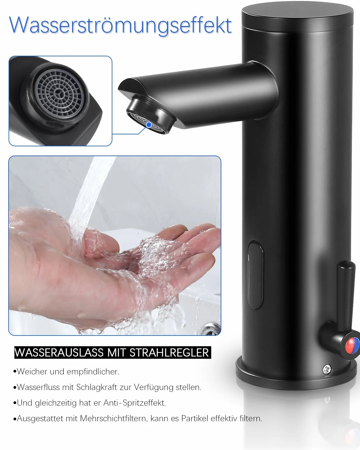 Rubinetto da bagno con sensore nero opaco miscelatore automatico a infrarossi senza contatto