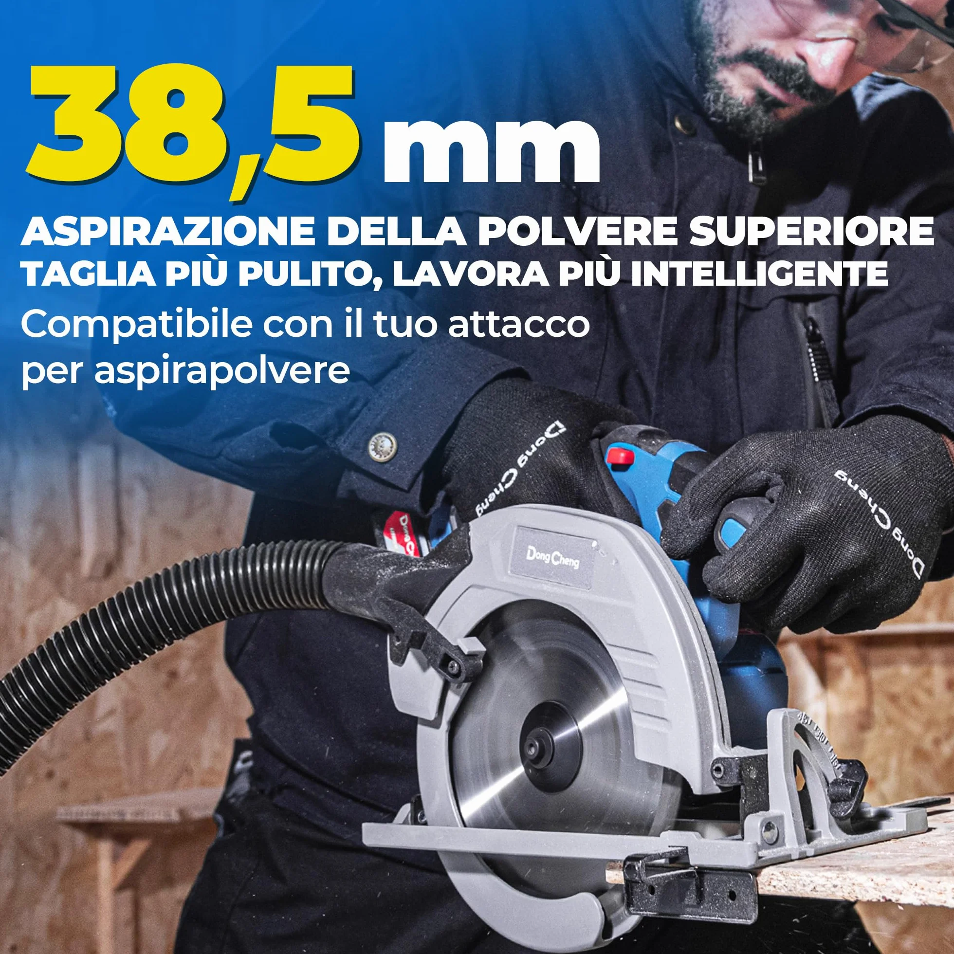 Dong Cheng Sega Circolare a Batteria da 18V, Diametro 185 mm, 5000 giri/min, Profondità di Taglio 65mm (90°)/45mm (45°) Con 4.0Ah Batteria, BOXX, Per Legno, Plastica, PVC