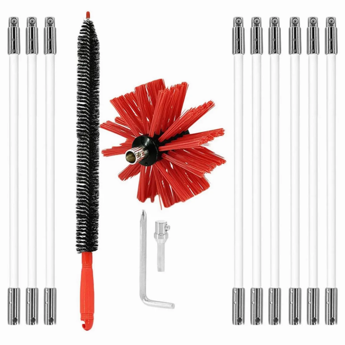 Spazzola per Pulizia Stufa in Nylon, Set 9 Aste Collegabili | Kit per Pulizia del Stufa, Non Graffia la Superficie Interna, per Canna Fumaria e Sfiato Asciugatrice