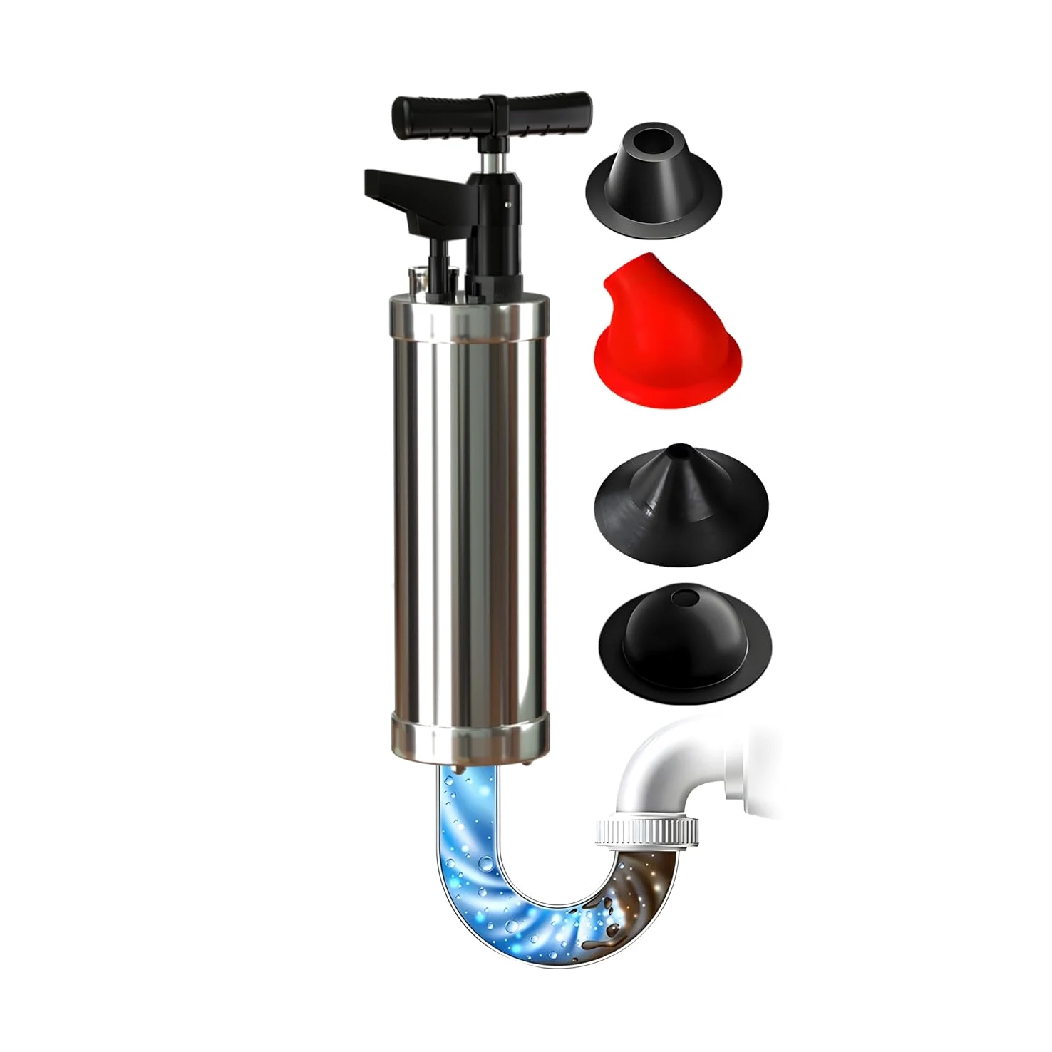 Stura WC con 4 Ventose, Pompa Stura Scarichi con Barometro, Sturalavandini a Pressione, Sturalavandino Ad Aria Compressa, per Disintasare WC, Lavello, Doccia, Lavandini, Scarico
