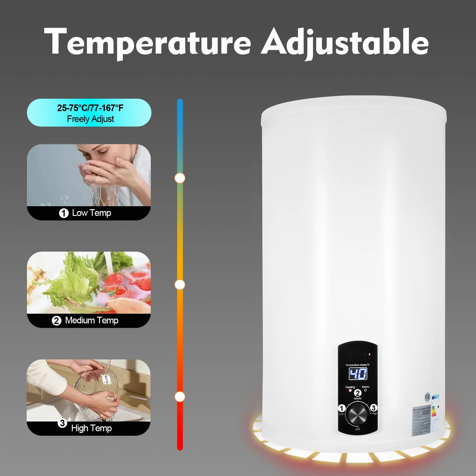 Caldaia elettrica da 2000 W, con schermo a LED orizzontale, 70 l, con protezione contro le perdite, scelta della temperatura, 41 x 75 cm, bianco