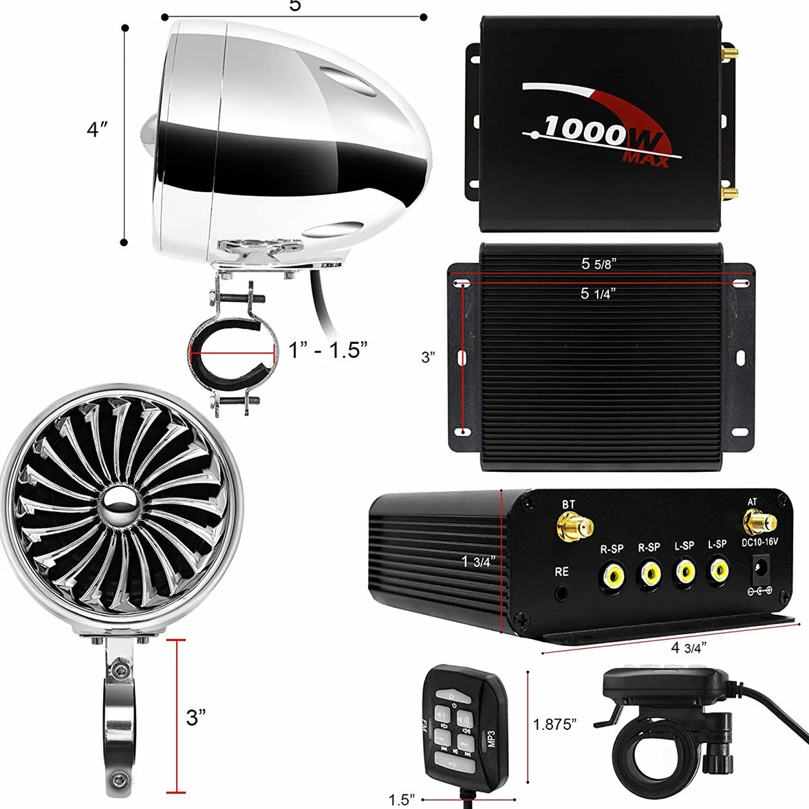 1000W Amplificatore per moto a 4 canali 4 "Altoparlanti stereo Bluetooth per moto impermeabili a gamma completa Sistema audio Radio FM per 1-1,5" Manubrio ATV UTV (Cromo, Ventola)