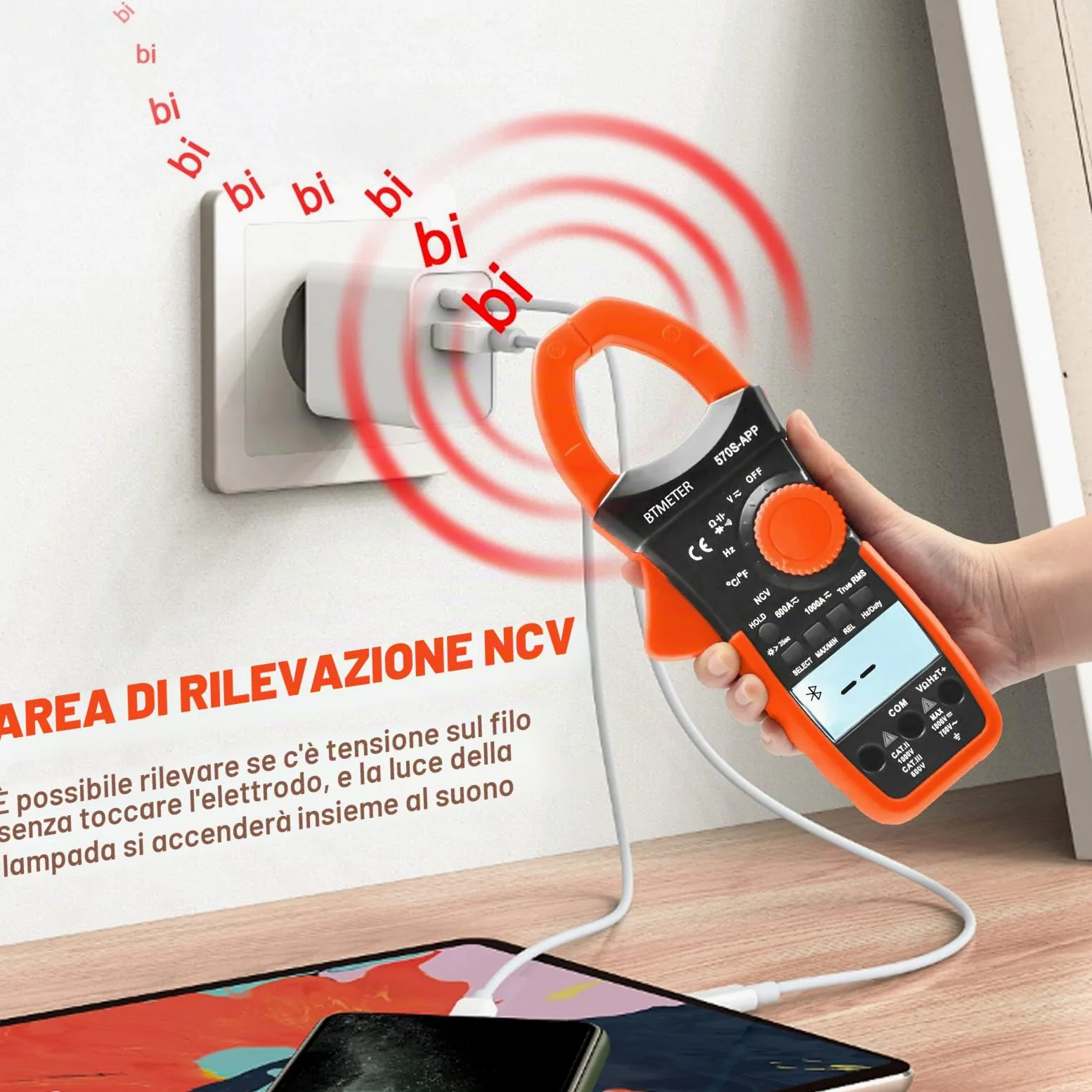 BTMETER Multimetro digitale BT-570S APP con Bluetooth, 6000 conteggi TRMS, pinza di corrente amperometro con selezione auto, tester di tensione, misura AC DC Volt Ampere Ohm NCV capacità di