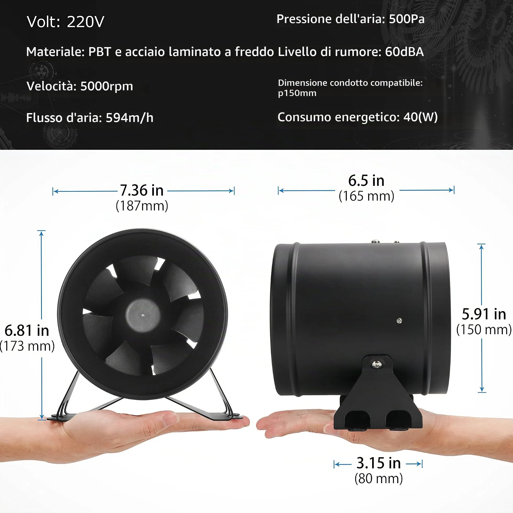 Ventola Aspirazione 150mm regolabile, Ventilatore del Condotto, Massimo Estrazione 594m³/h Ventola di Aspirazione, Estrattore aria in linea con controllore di velocità variabile