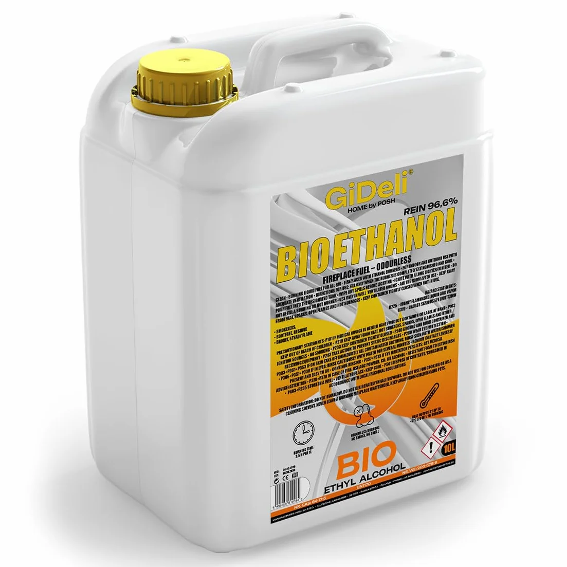 GiDeli Bioetanolo 10 litri inodore 96,6% etanolo per camino interno ed esterno - Realizzato in granturco e barbabietola da zucchero