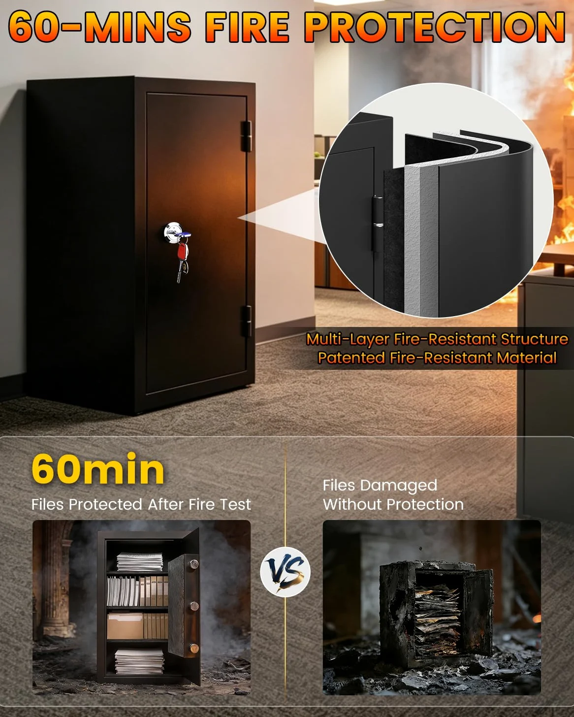 Cassaforte ignifuga da 60 minuti, 2,46 CuFt resistente al fuoco e impermeabile, cassaforte di sicurezza per ufficio domestico, test UL per proteggere documenti, gioielli, contanti e oggetti di valore