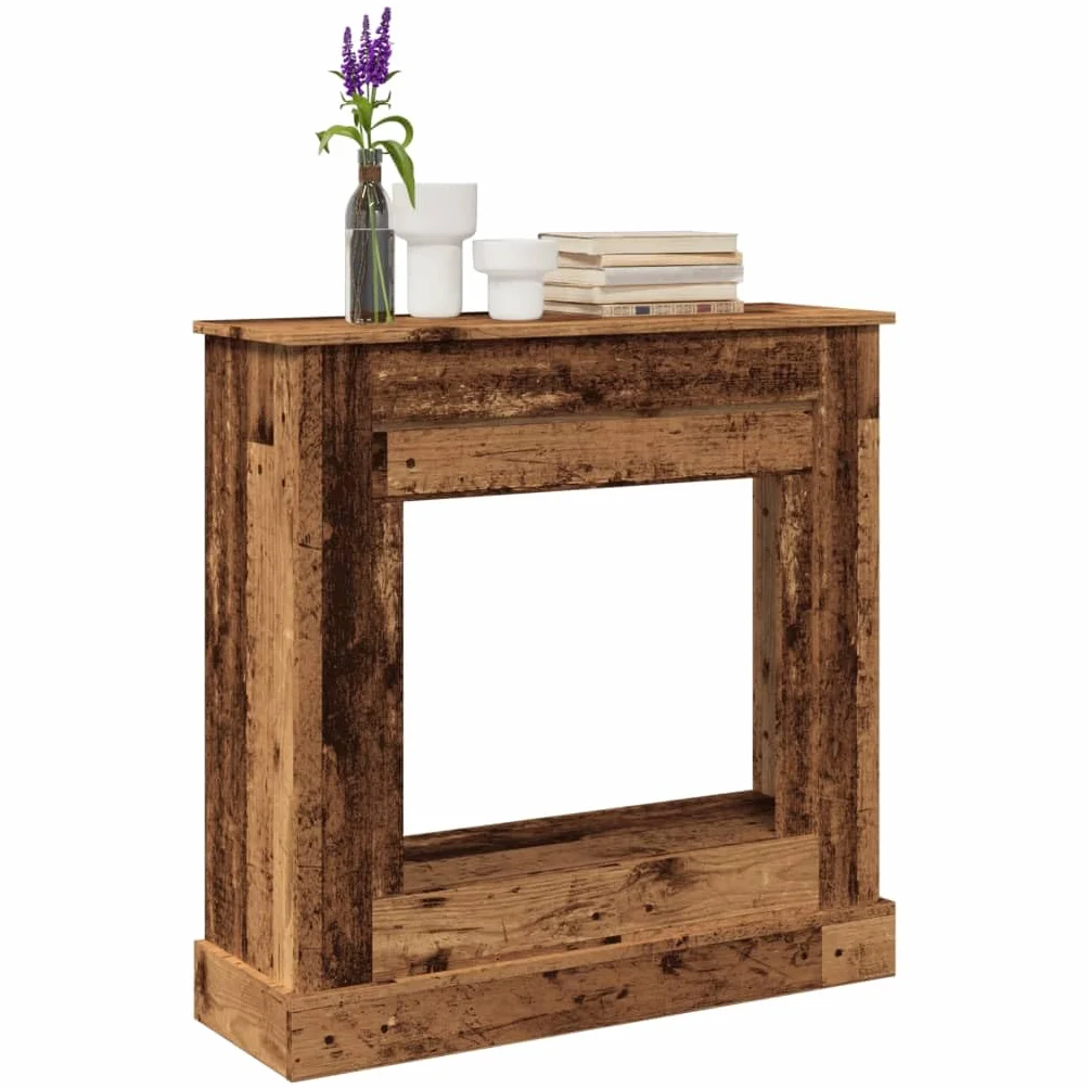 Cornice per Camino Design Rustico 90x30x90 cm Truciolato Legno Antico Supporto Fiamma LED