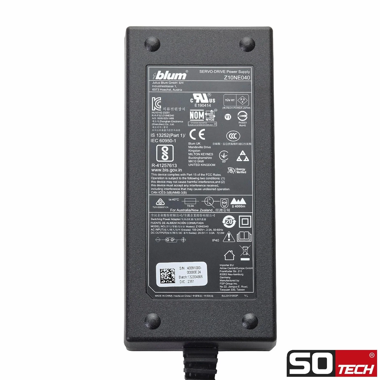 Alimentatore Blum® Z10NE04EA 72 W per servoazionamento Blum® AVENTOS HF/HL/HS/HK incl. cavo di rete da 1,9 m