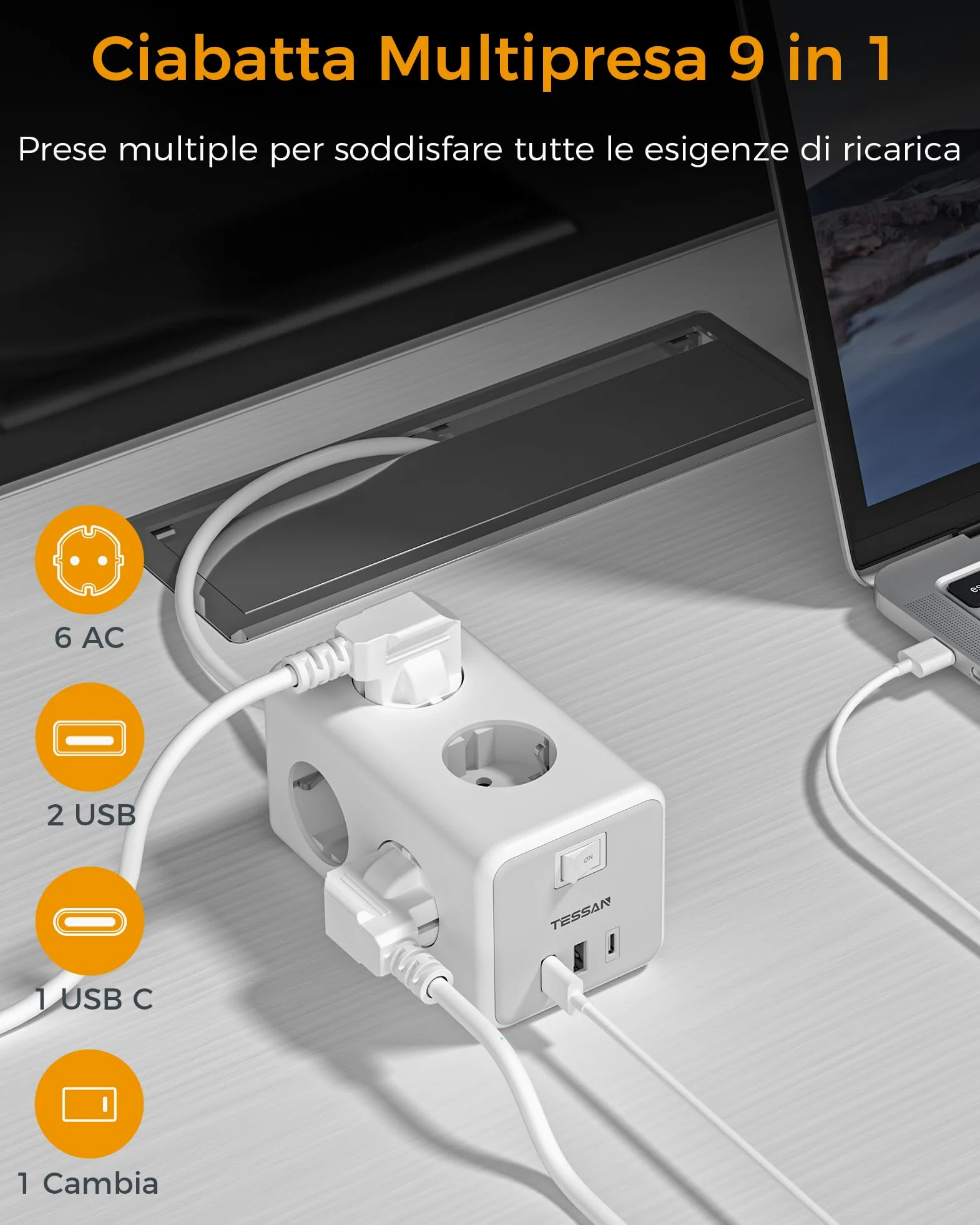 TESSAN Ciabatta Multipresa con USB C e 6 Prese, 9 in 1 Ciabatta Elettrica con Interruttore, 3600W Presa Multipla Cavo 2M, Multipresa da Scrivania per Casa e Ufficio