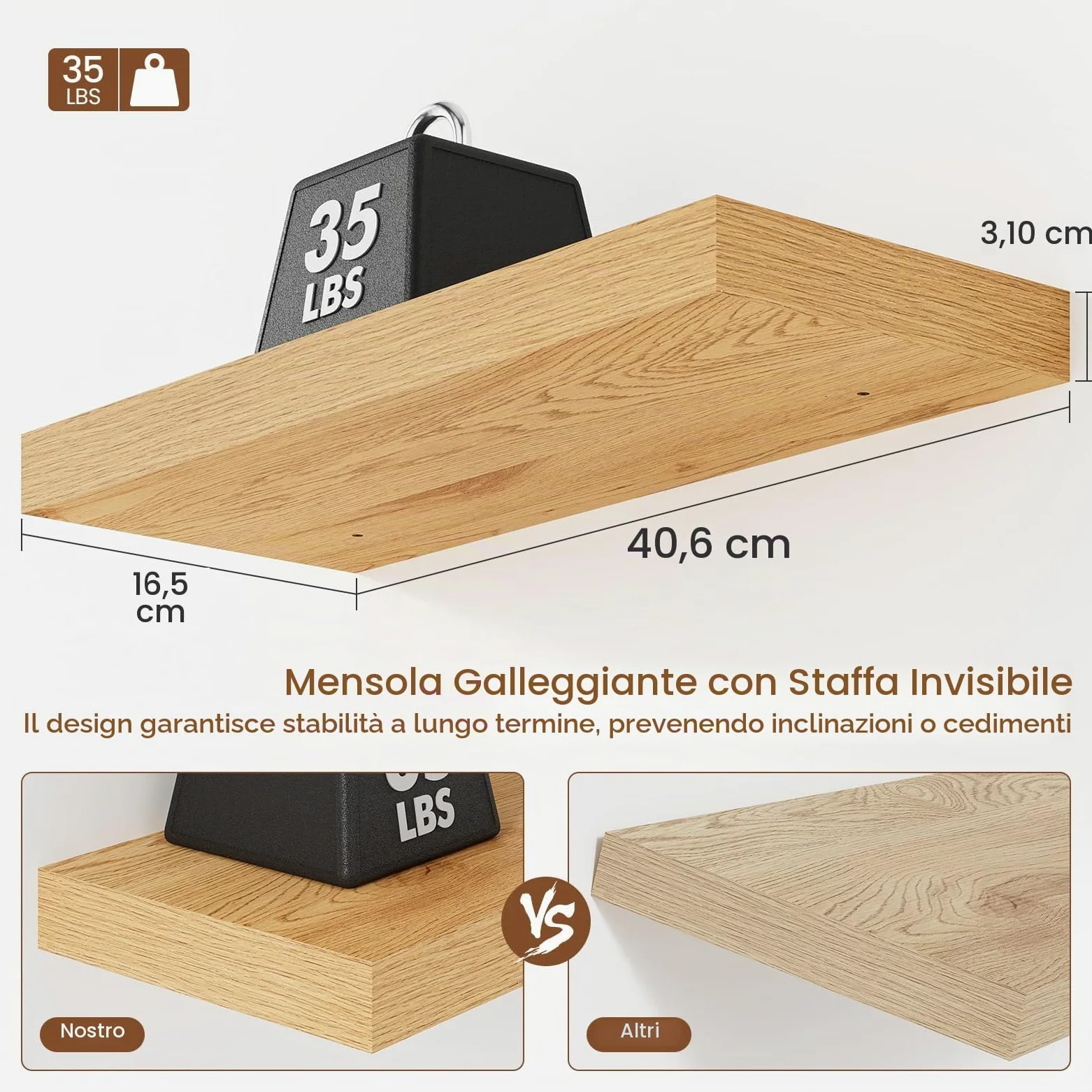 Feihorrm Mensole Sospese, Mensole Da Parete, Mensola Da Parete Profonda 16.5 cm, Mensole In Rovere Da 40 cm, Scaffali Per Bagno, Camera Da Letto, Soggiorno E Cucina, Rovere, 40 x 16.5 x 3.1 cm