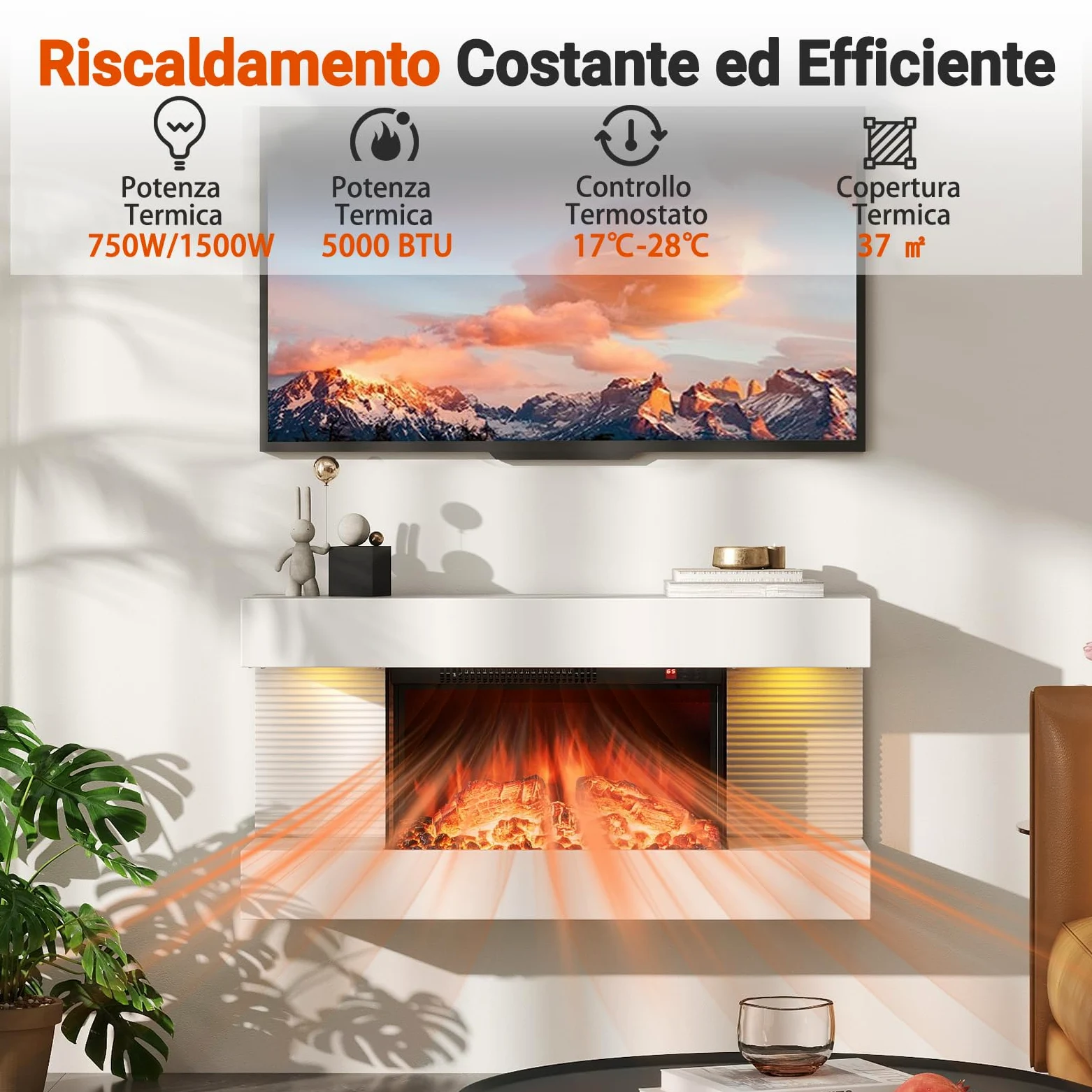 COSTWAY Camino Elettrico, 750W/1500W Caminetto con Luci LED, Telecomando, 12 Colori di Fiamma, Timer 8H Mensola Galleggiante e Protezione Surriscaldamento