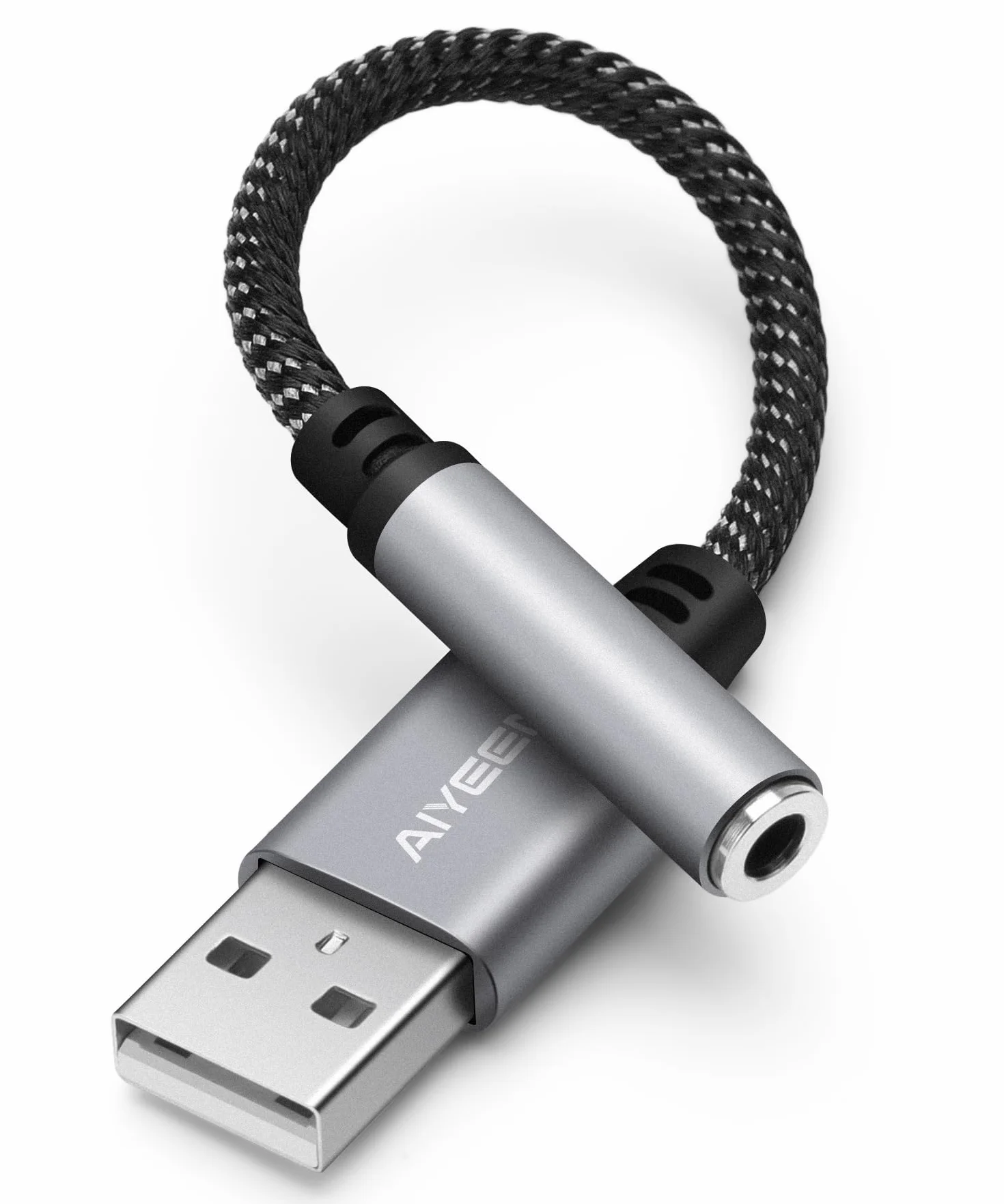 Cavo adattatore audio da USB a femmina da 3,5 mm, convertitore stereo da USB maschio a jack AUX intrecciato in nylon da 15 cm con chip ad alta risoluzione, per cuffie, AUX per auto (grigio)