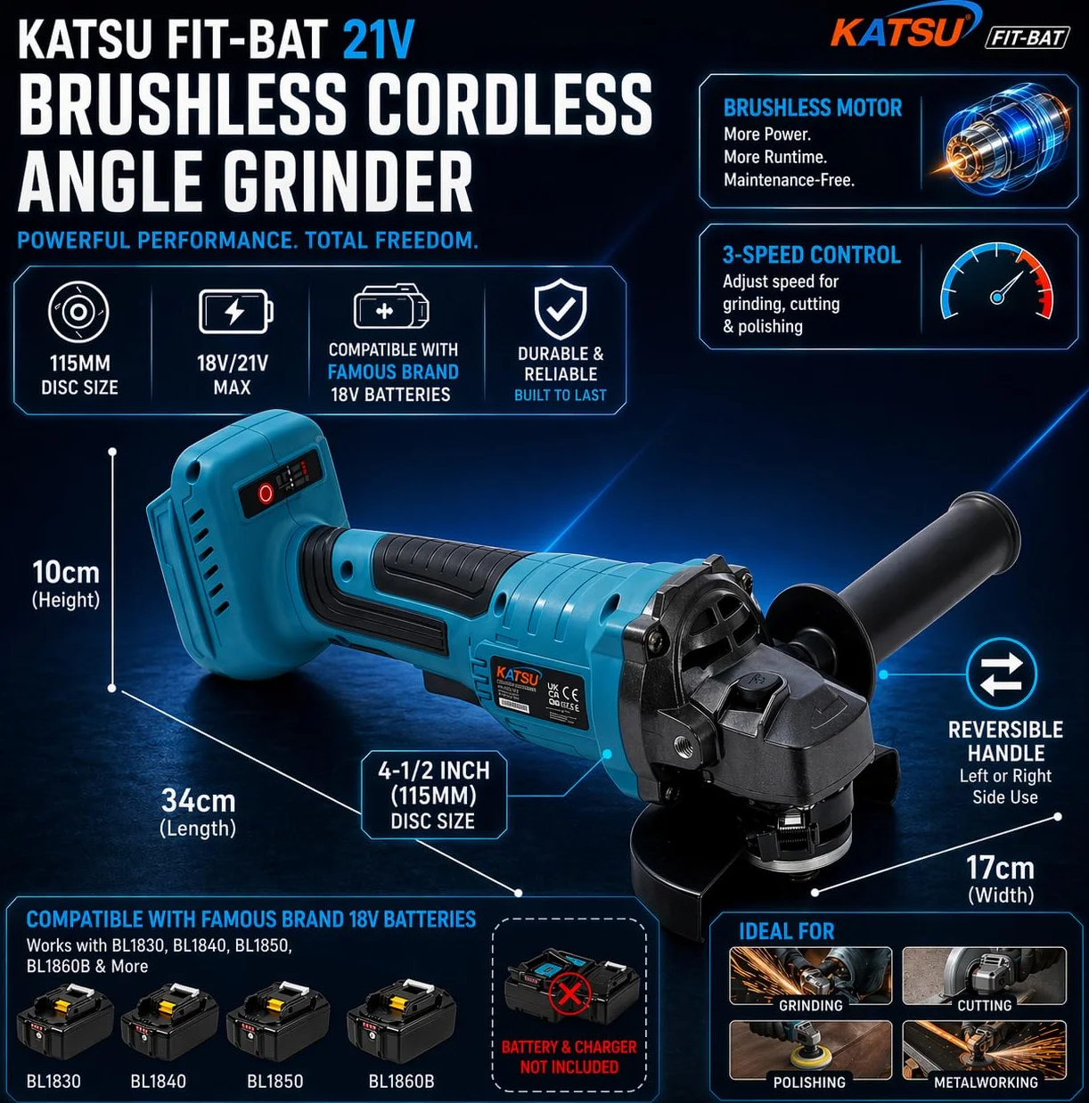 Smerigliatrice Angolare a Batteria Brushless 21V KATSU FIT-BAT, 115mm con Motore Brushless per Taglio Lucidatura Smerigliatura, 3 Velocità, Batterie non Incluse (solo Macchina) 102606