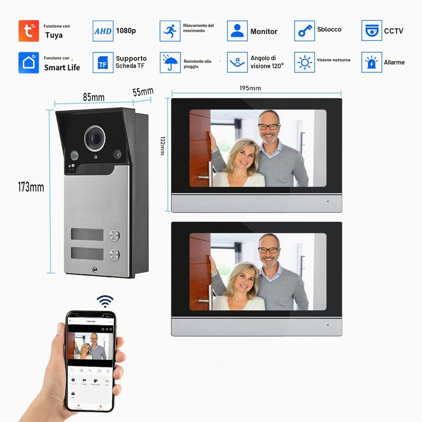 Wifi Tuya Videocitofono Cablato 2 Unità Campanello Per Il Sistema Di Videocitofono Domestico Video Campanello, Touch Screen Da 7 Pollici Del Monitor Interno, Telecamera Di Visione Notturna 1080p