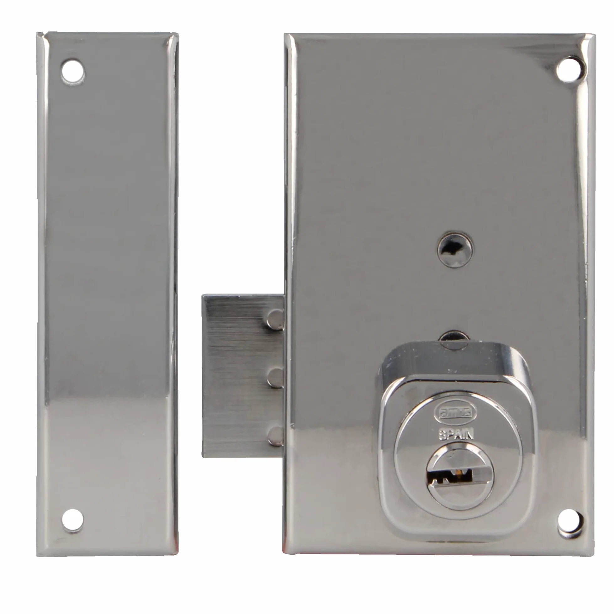 Amig - Serratura a sovrapposizione sinistra con leva di chiusura e linguetta per porte in legno mod. 75P, 67 x 112 mm, cilindro rotondo di sicurezza, acciaio argentato