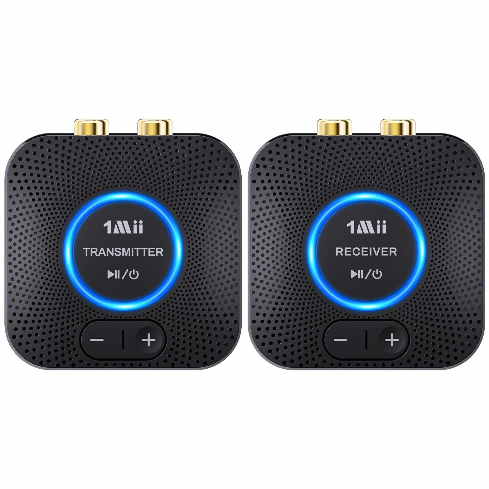 1Mii 2.4GHz (1 TX+1 RX) Set Trasmettitore e Ricevitore Audio Wireless per TV, Bassa Latenza 25ms con Ingresso/Uscita AUX RCA da 3.5mm, Adattatore Audio Wireless per TV, PC, Altoparlante, Amplificatore