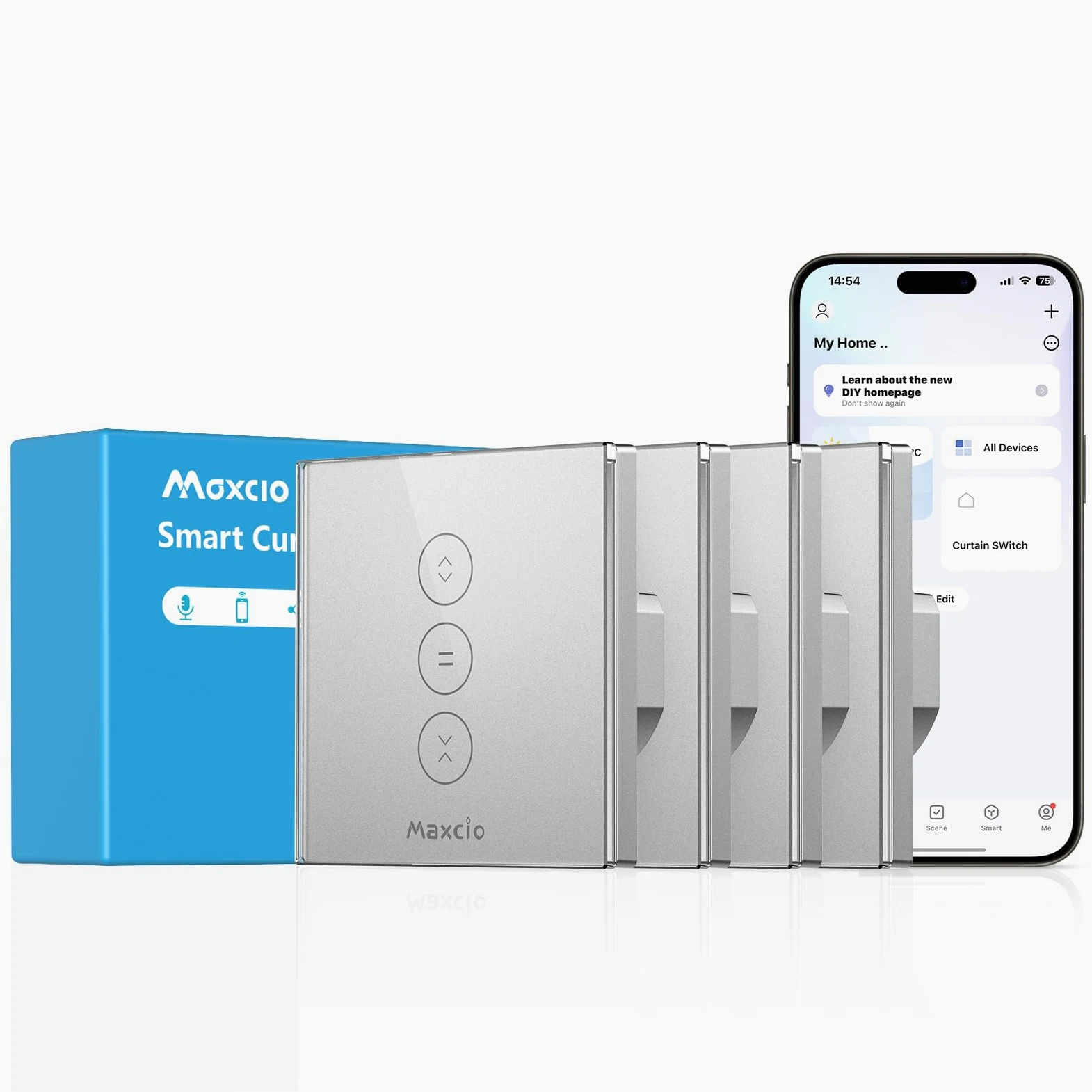 Maxcio Interruttore per tapparelle WLAN compatibile con Alexa, Google Home, interruttore per tapparelle argentato, con timer e controllo vocale, interruttore touch, conduttore neutro, richiesto, 4