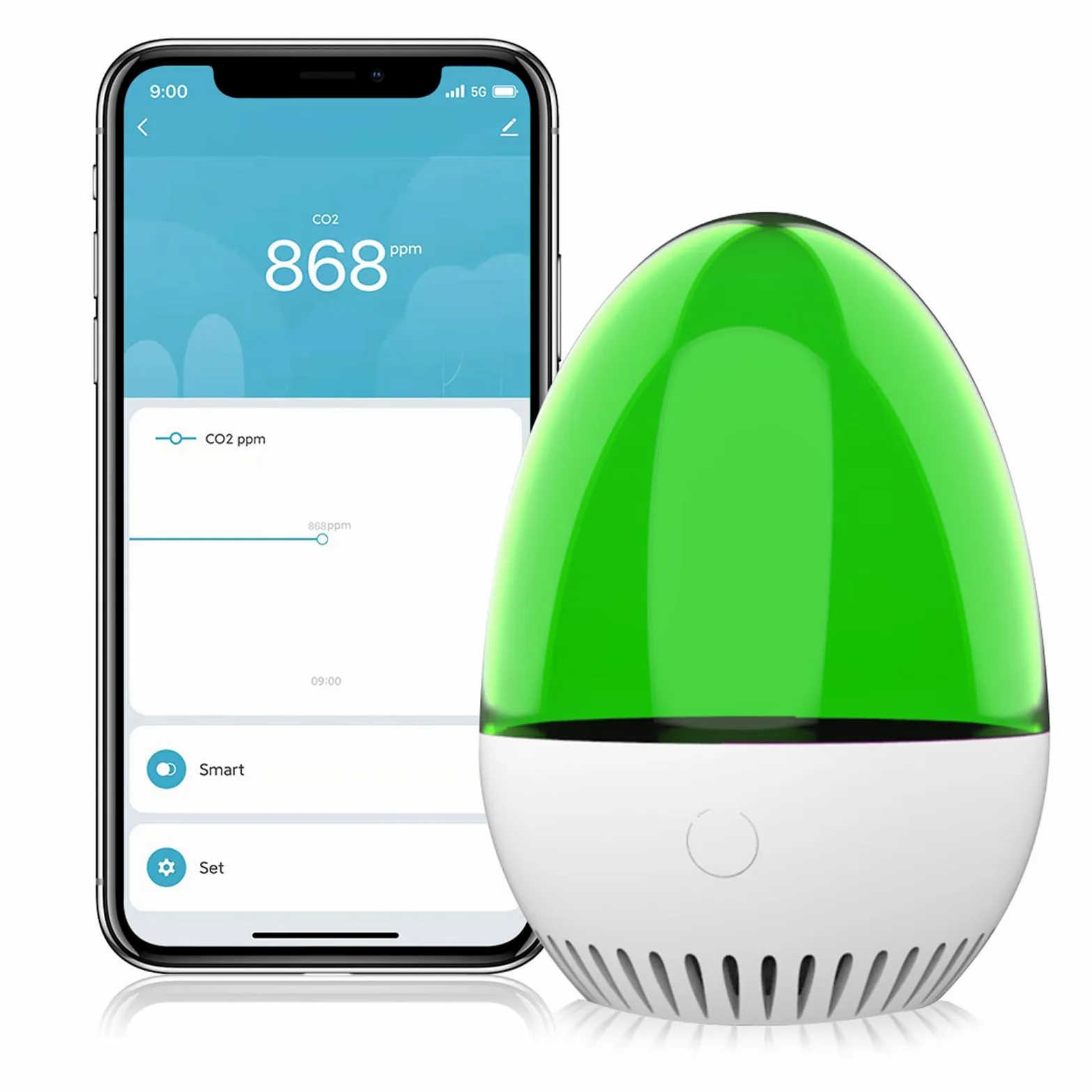 Misuratore di qualità 'aria CO2 a forma di uovo caldo intelligente con Wi-Fi, misuratore di qualità 'aria domestica, rilevatore di monossido di carbonio per interni