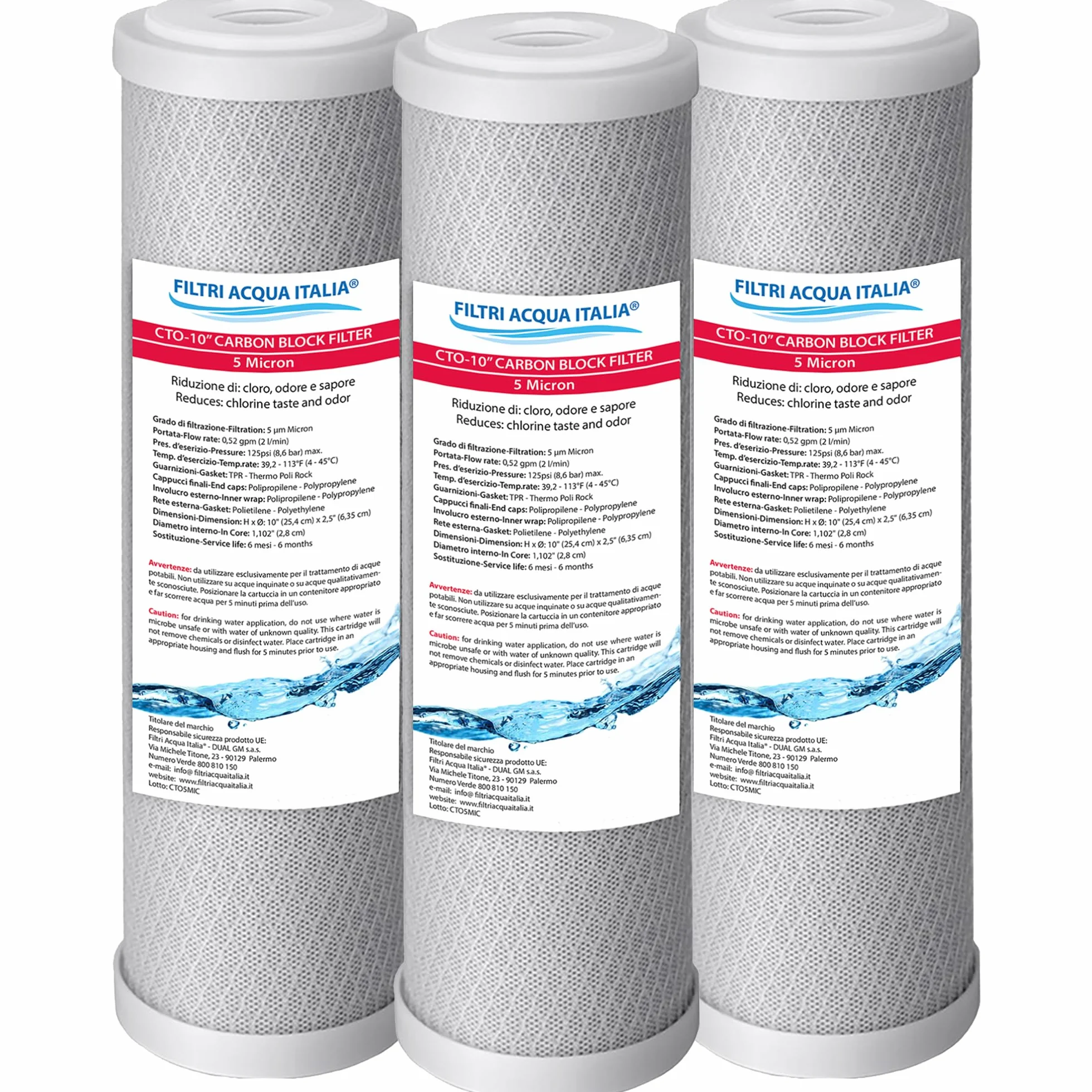 Cartuccia Carbon Block 5 Micron 10 Pollici CTO Filtro a carbone attivo per osmosi inversa Set 3 Pz. Filtri Acqua Italia®