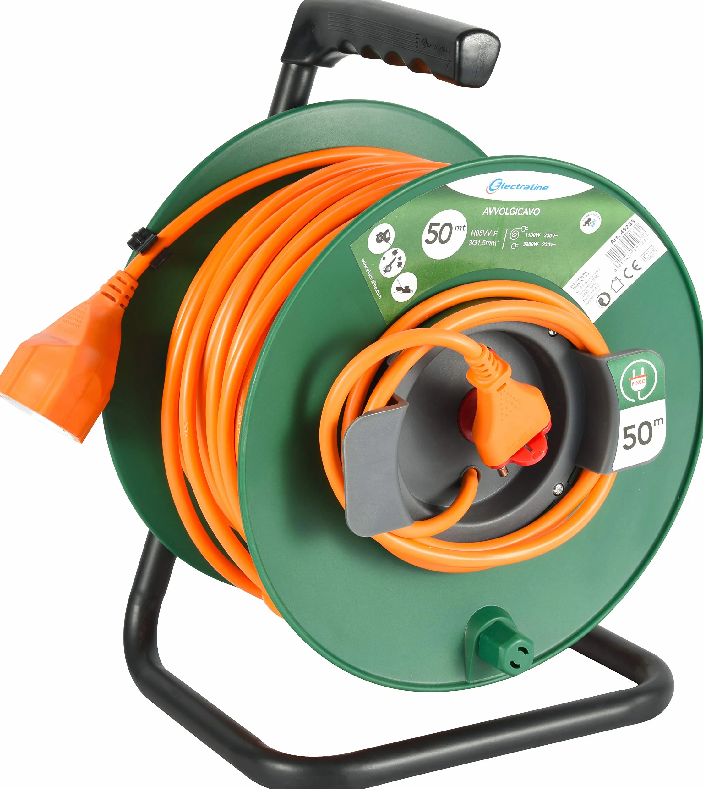 Electraline 49233 Prolunga Giardino con Avvolgicavo 50 mt Spina 16A e Presa Polivalente (Schuko + 10/16A) Adatta per Elettrodomestici da Giardinaggio, con Protezione, Verde/Arancione