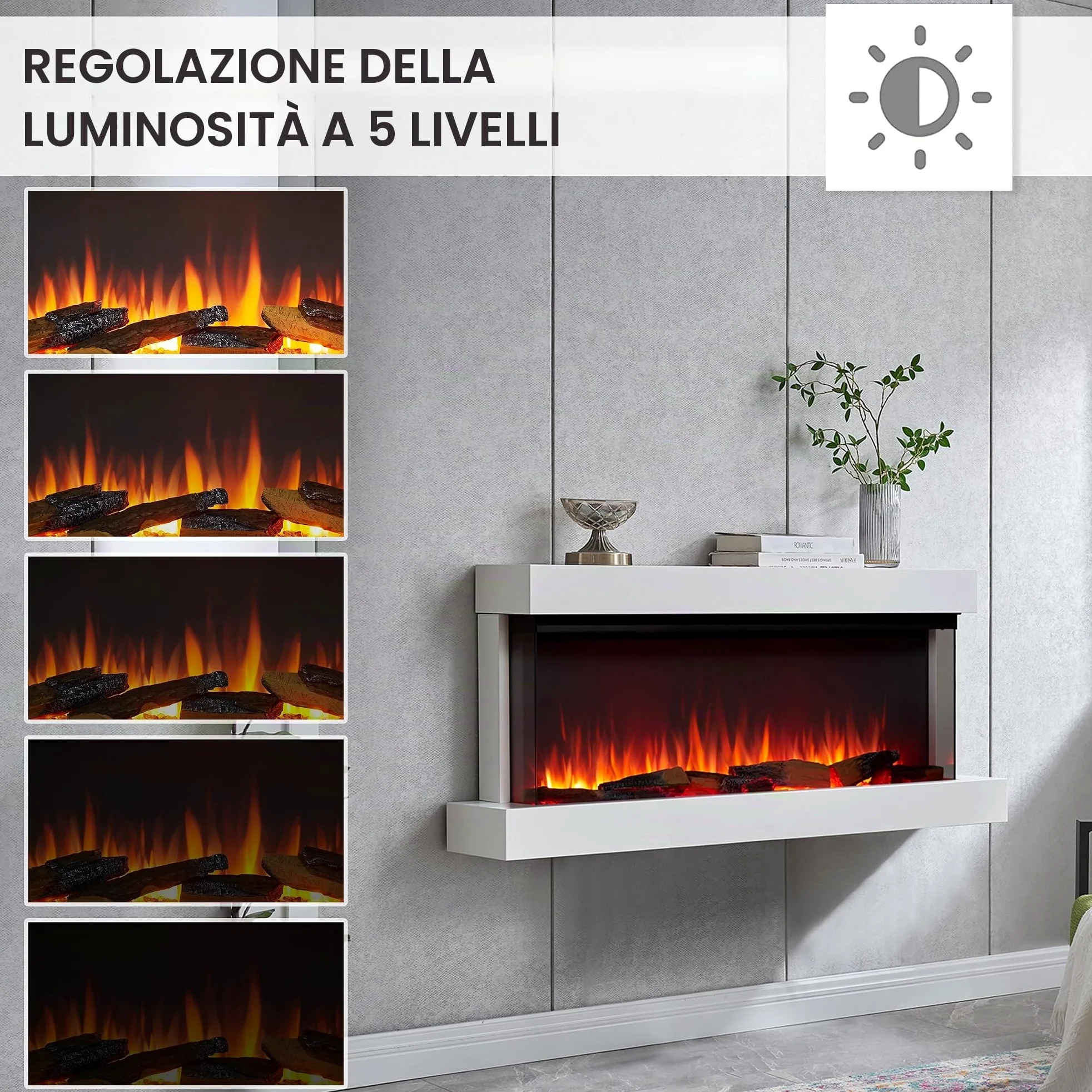 BALDERIA Camino elettrico Achilles L | Camino elettrico da parete con effetto fiamma 3D | Riscaldamento 1500 W, illuminazione a LED, WiFi, controllo app, suono scoppiettante, telecomando, timer e