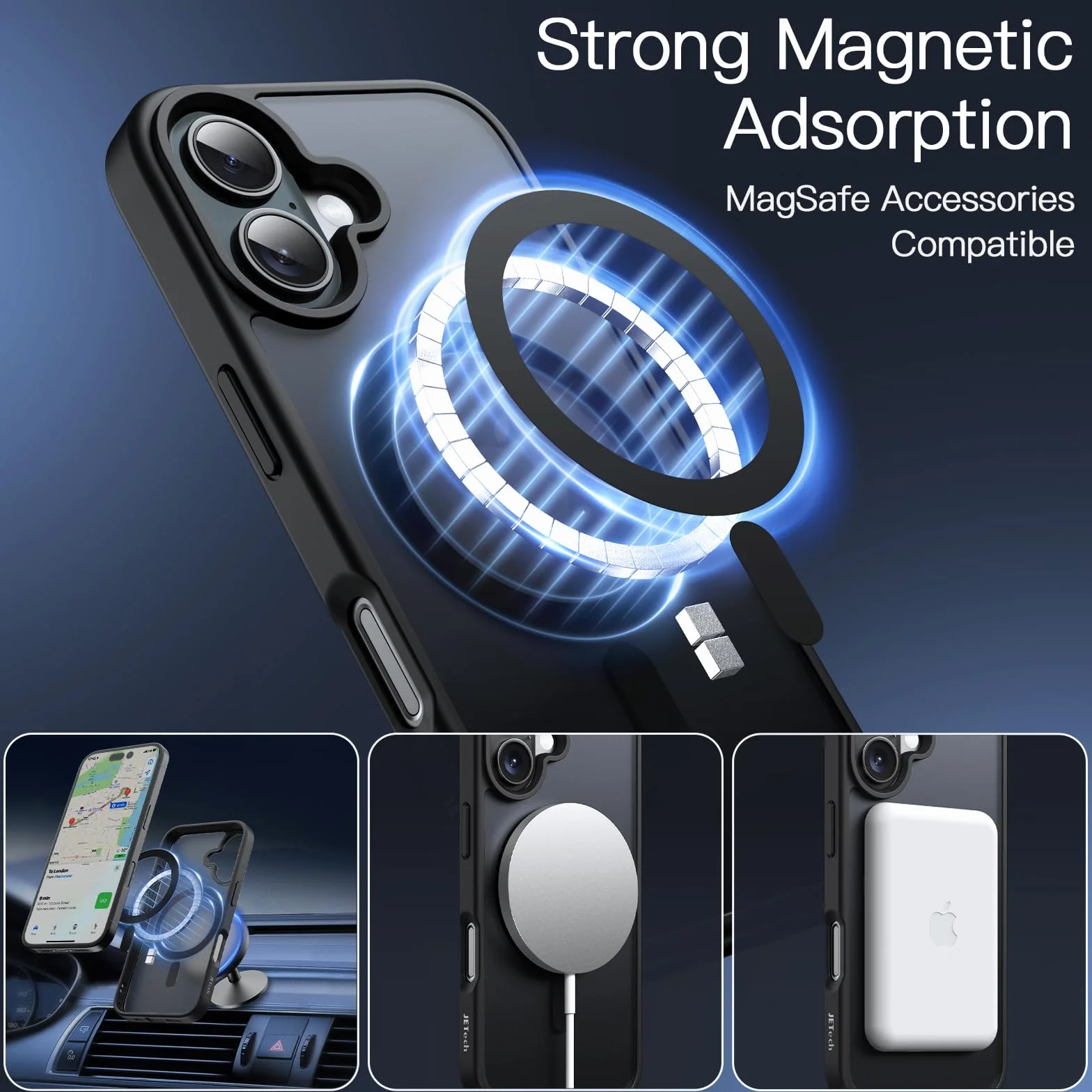 JETech Cover Magnetica per iPhone 16 6,1 Pollici Compatibile con MagSafe, Traslucido Opaco Retro Sottile Antiurto Cellulare Custodia (Nero)