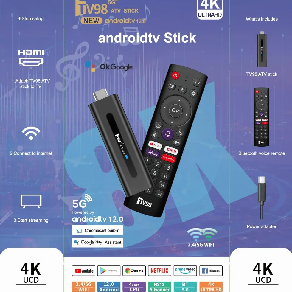 Android TV Stick 12.0 DDR4 2GB RAM 16GB H313 Quad-Core 64bit WiFi5 Dual 2.4G/5G WiFi 4K HDR10+ Ultra USB HD Smart TV STICK box