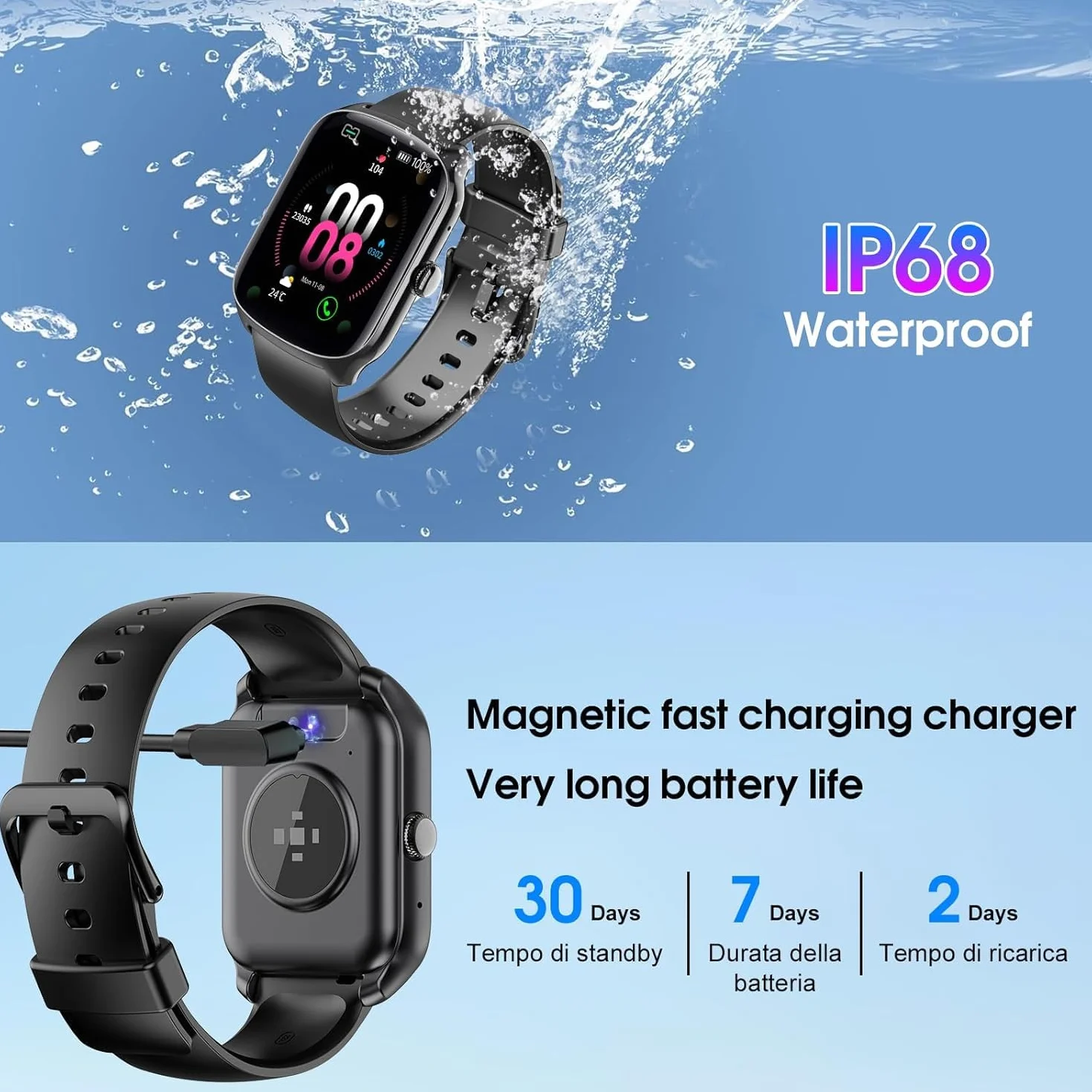 Smartwatch Uomo Donna, 1.95 schermo curvo Orologio watch Chiamate Bluetooth, 110+ Modalità Sportive Fitness watch, Contapassi Sonno Cardiofrequenzimetro, IP68 Smart watch per iOS/Android, Nero