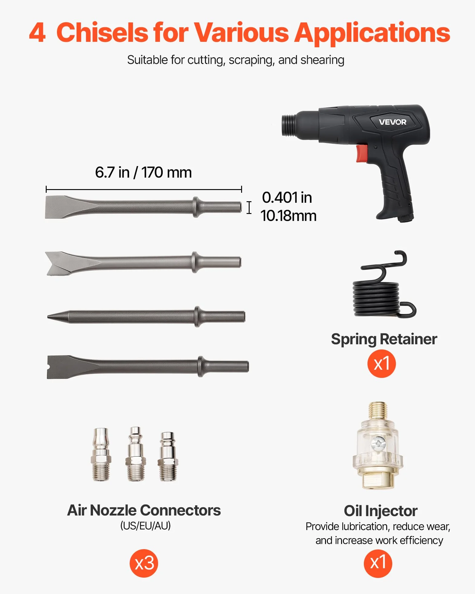 VEVOR Martello Pneumatico 2500-2700 Colpi/min, Corsa 7 cm, 4 Scalpelli 17 cm