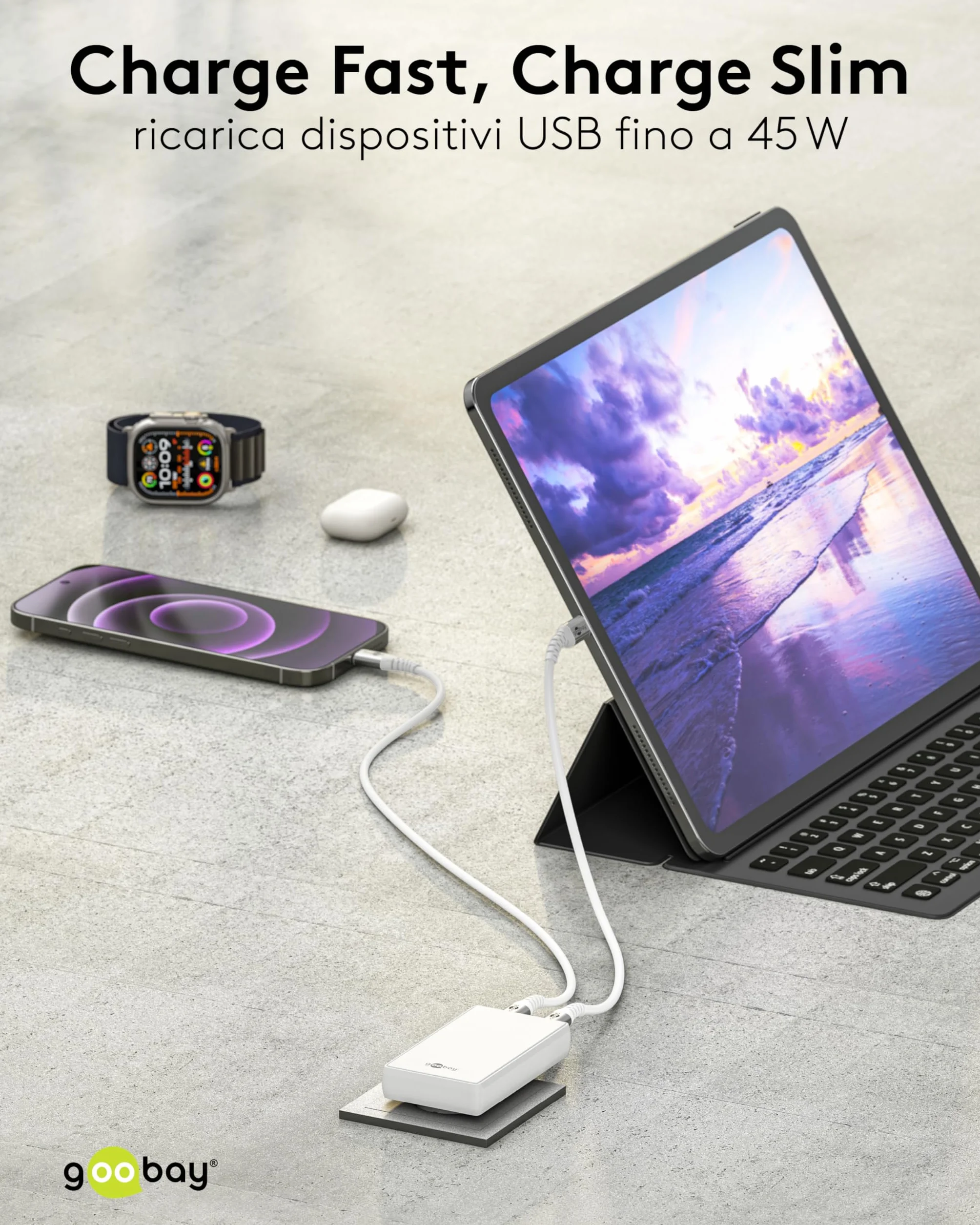 goobay GaN Caricatore USB C piatto da 45 W, doppia porta (2 x USB-C), design piatto a 90°, ultra sottile e salvaspazio, per Apple, Samsung, Huawei, tablet, ecc.,bianco,75722