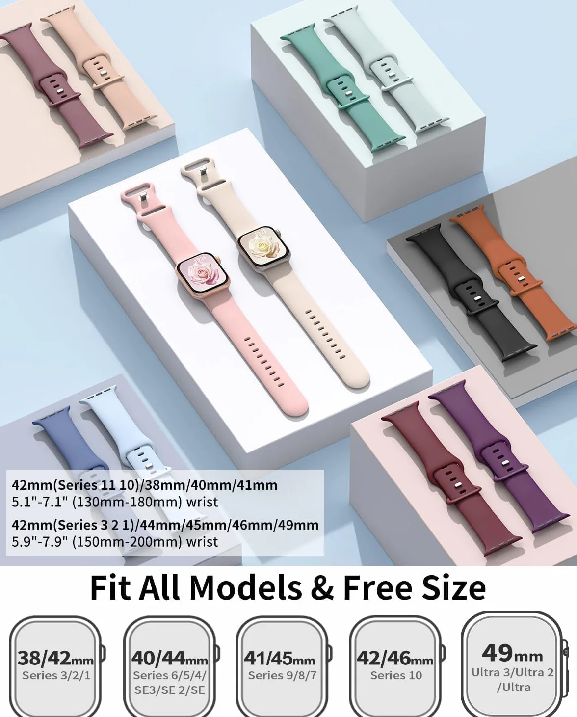Yoohoo Cinturini Compatibile con Cinturino Apple Watch 44mm 40mm 46mm 45mm 42mm 41mm 38mm 49mm Donna Uomo, Sportivi Silicone Compatibile con Apple Watch Series 11 10 9 8 7 6 5 4 3 2 1 SE Ultra 3 2 1