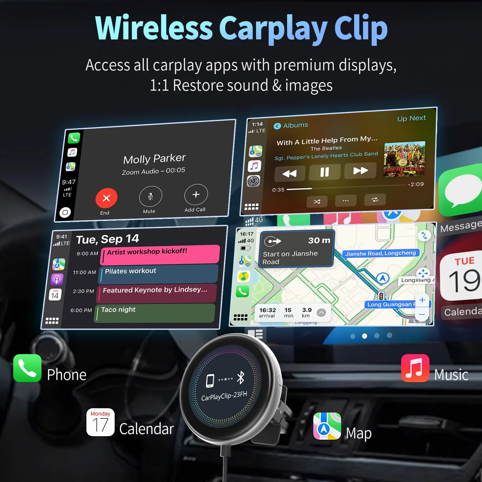 OTTOCAST Adattatore Carplay Wireless Clip, Dongle Wireless CarPlay Plug & Play con Display Elettronico può Mostrare Orologio Immagini Copertina di Album Musicali Compatibile con Auto con Wired CarPlay