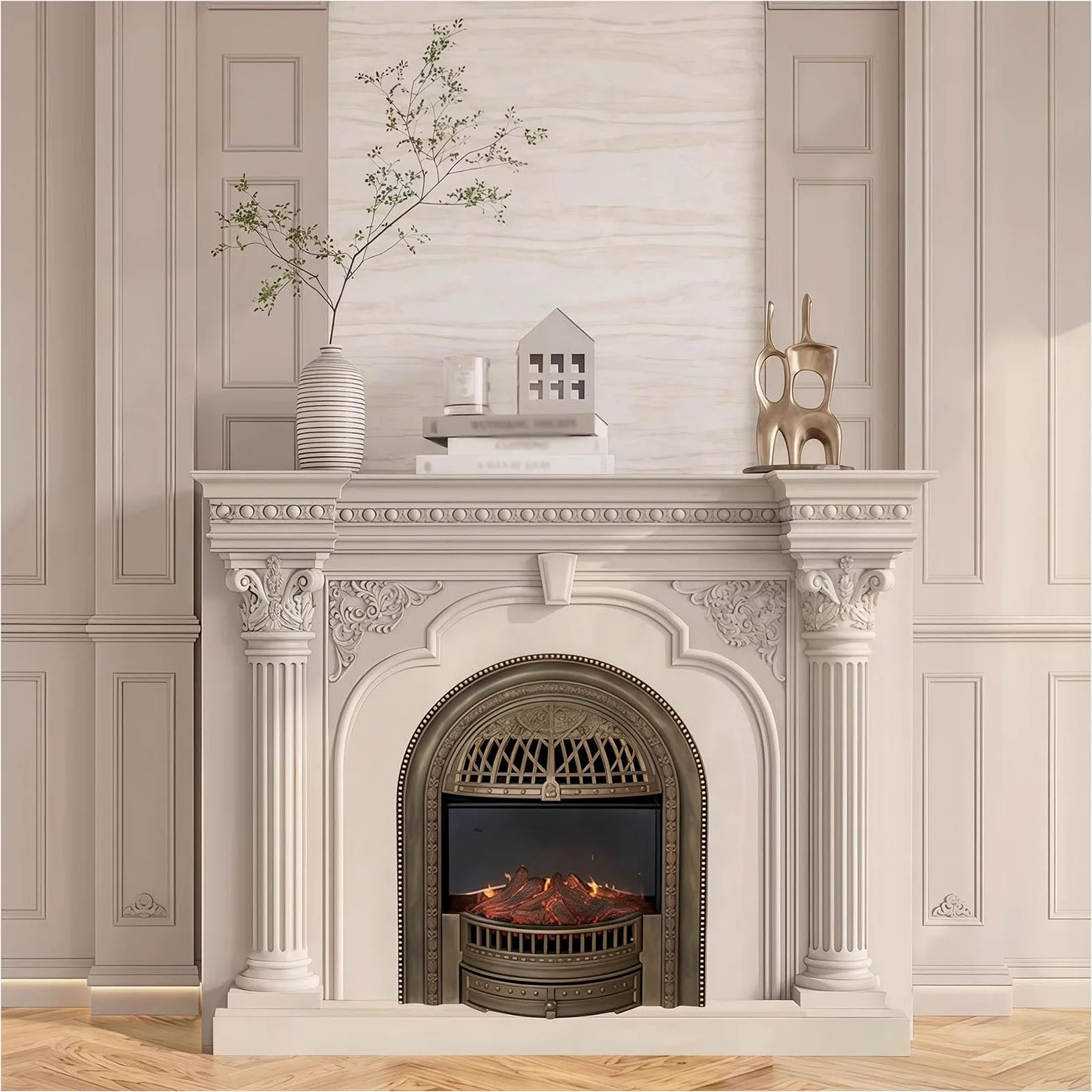 Camino elettrico, mobile per camino con fiori intagliati in legno massello | Villa Soggiorno Simulazione 3D Caminetto Decorazione Armadio Può Essere Personalizzato(160cm/63in)