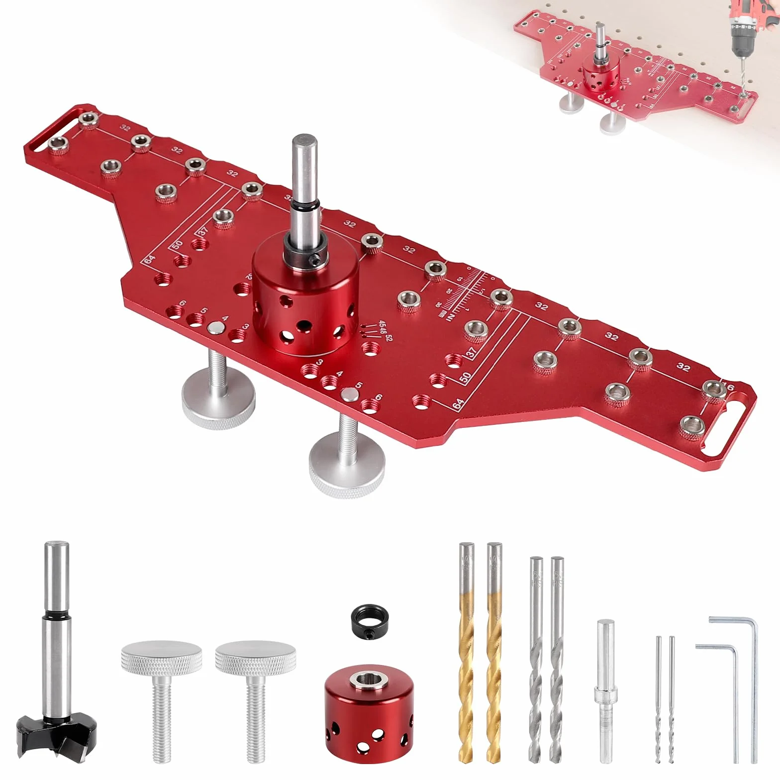 Guida di perforazione allineata 2-in-1 per spinotti e cerniere 35 mm in alluminio con punte 5mm e 1/4 pollice