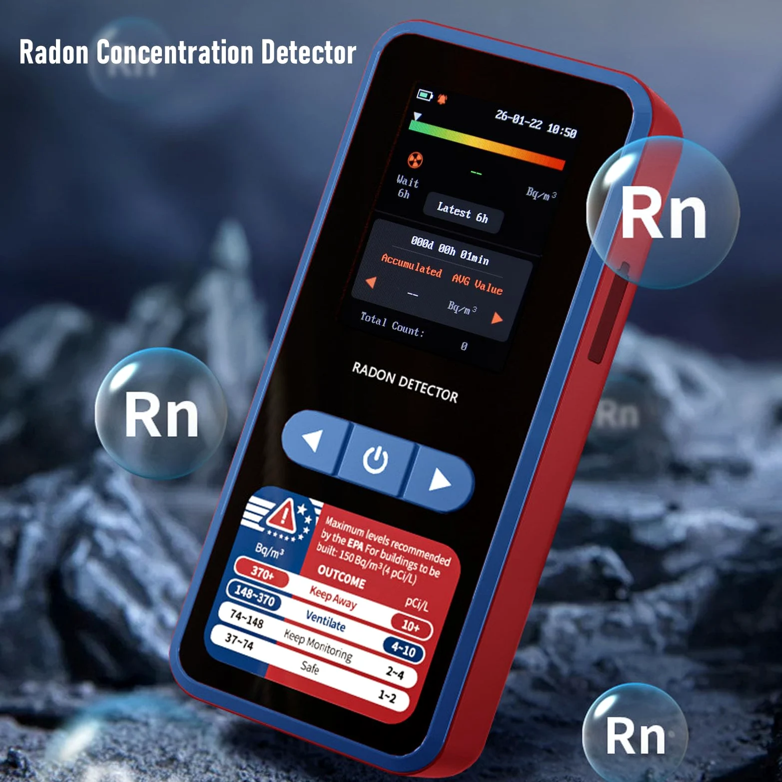 Rilevatore di Radon, Monitor di Radon con Portata 3,3-37k Bq/m, Sensore di con Batteria da 2000 MAh e Archiviazione Dati per 504 Giorni, Ideale per l'uso nel Seminterrato di Casa