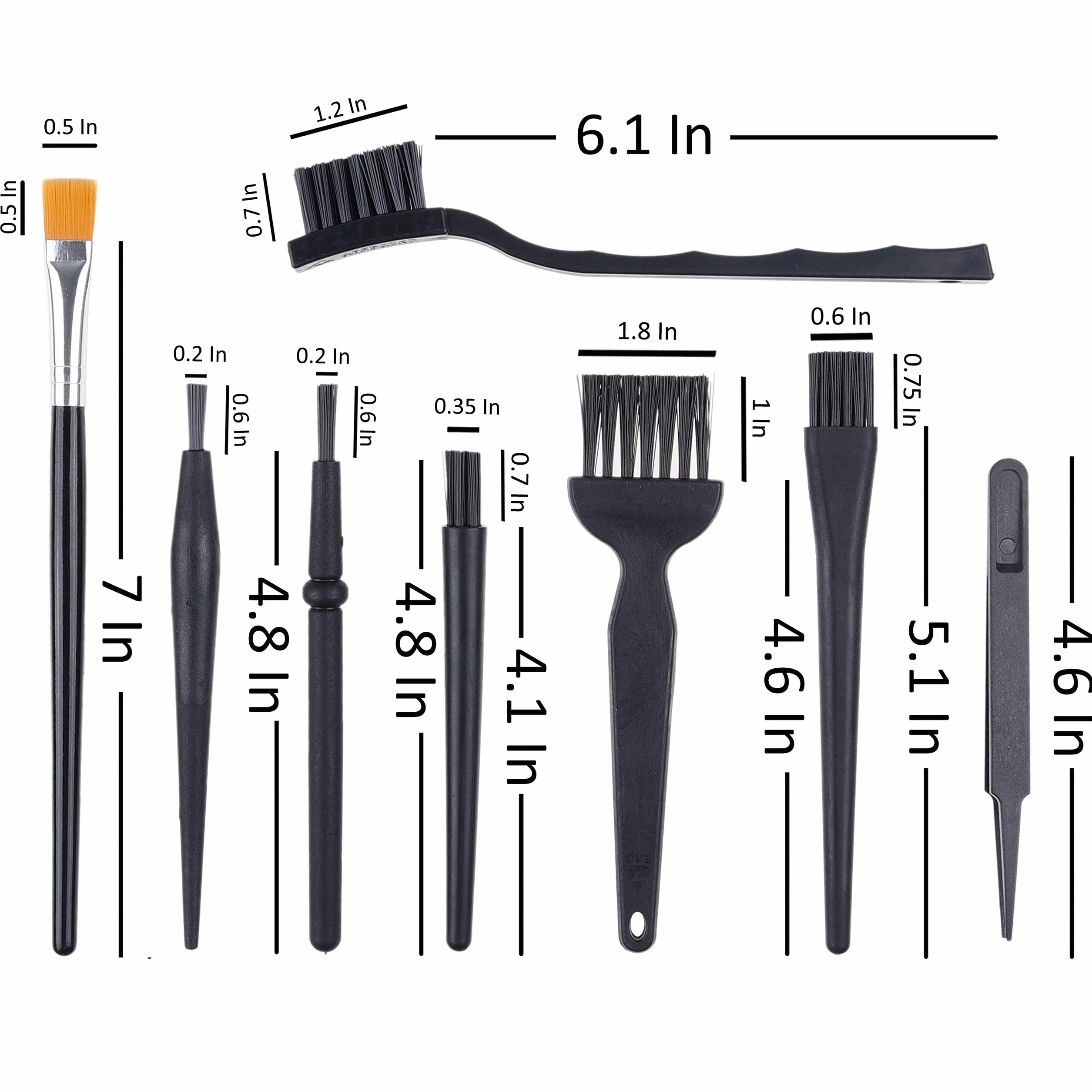Camkix Spazzole Multiuso (Nero) – CONFEZIONE DA 9-7x Spazzole –Multi Taglia, 1x Paio di Pinzette Antistatiche, 1x Panno di Pulizia – Piccole Fessure - Computer, Tastiere, PCB, Bocchette, Interno Auto
