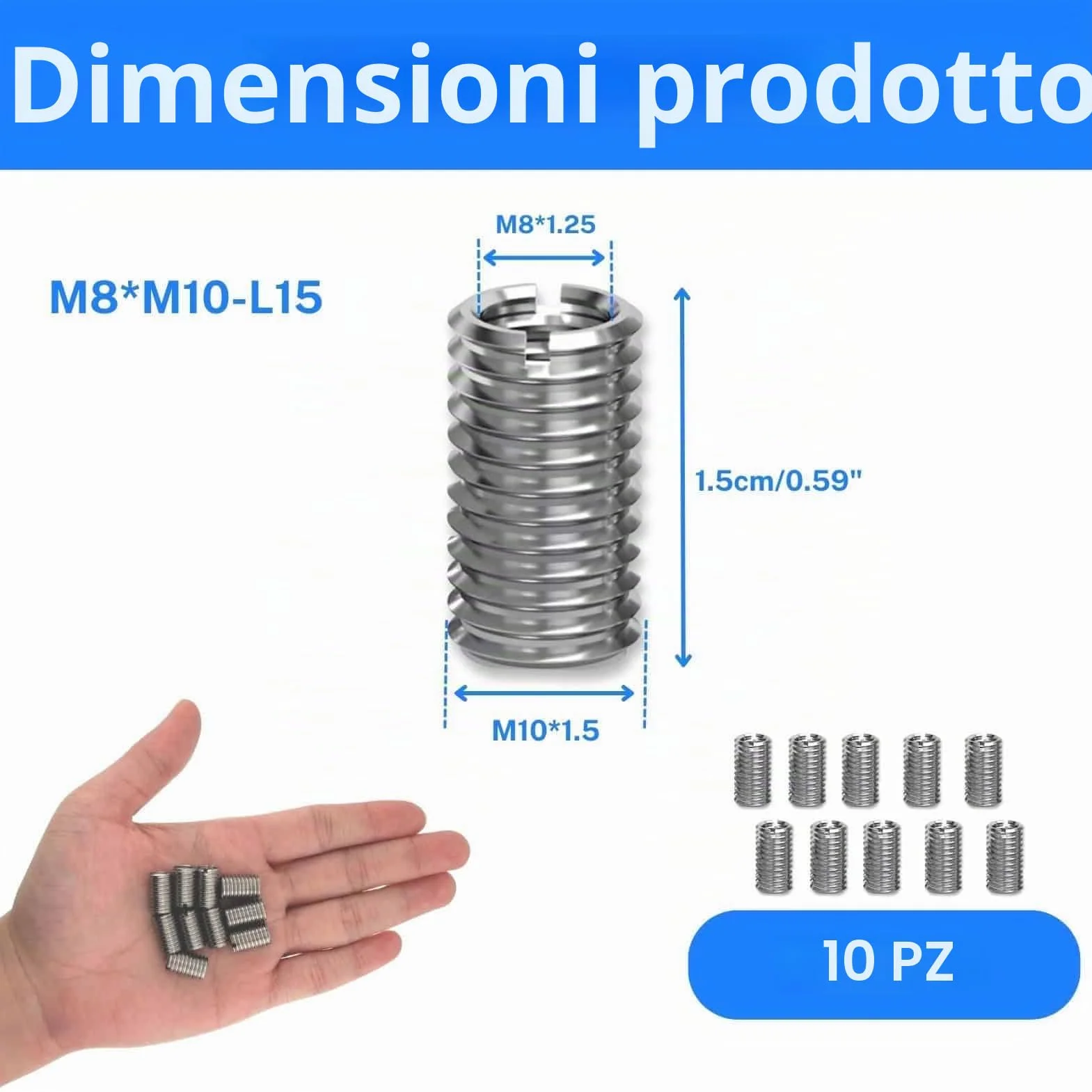 Inserti filettati M10 a M8, bussole filettate in acciaio inossidabile 15 mm, set riduzione filettatura
