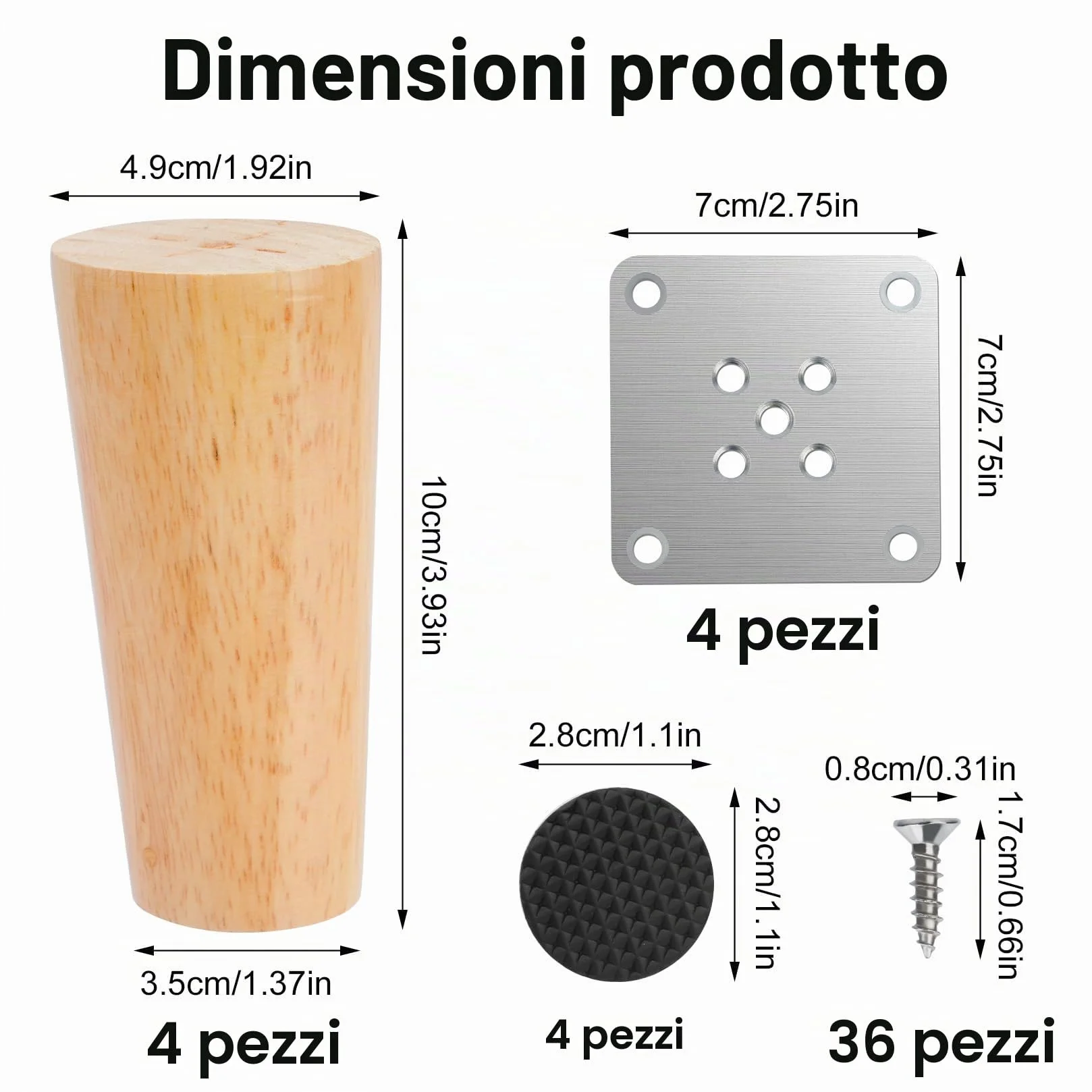Piedini per Mobili in Legno 10cm 4 Pz, Gambe per Tavolo Affusolate con Accessori