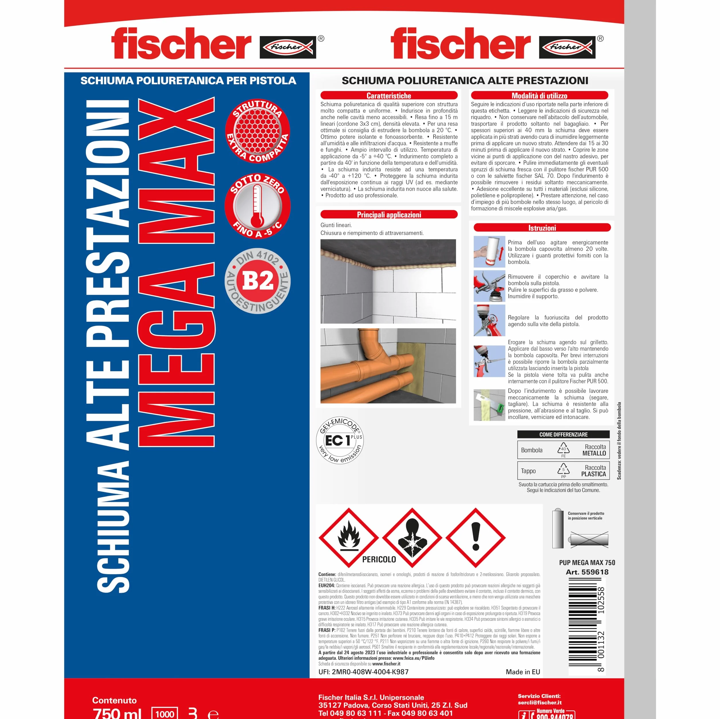 Fischer PUP MEGA MAX 750 Schiuma Poliuretanica per Pistola ad Alte Prestazioni