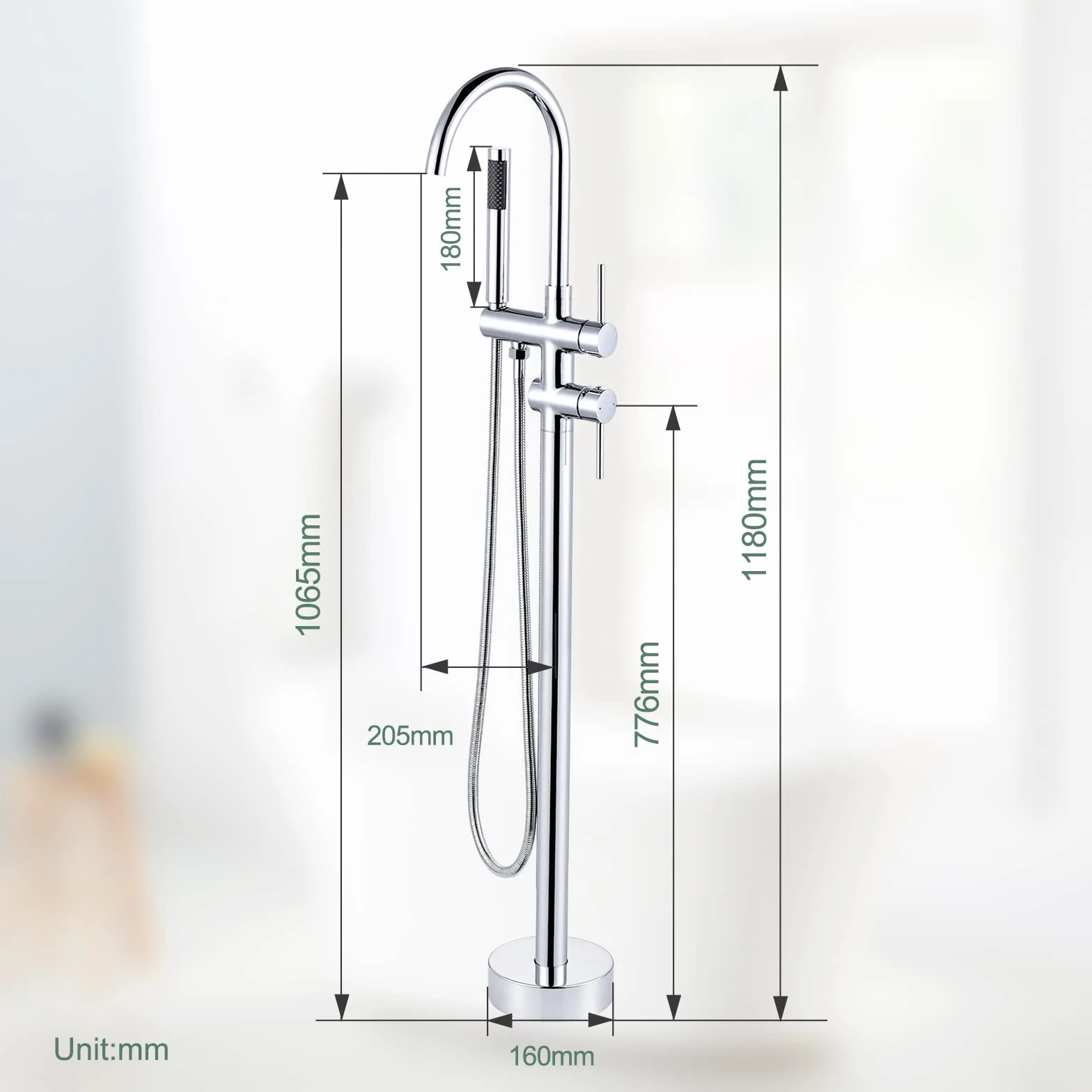 ARCORA Rubinetto Vasca a Pavimento Miscelatore Autoportante con Doccetta Girevole 360° Rame Acciaio Inox Cromato