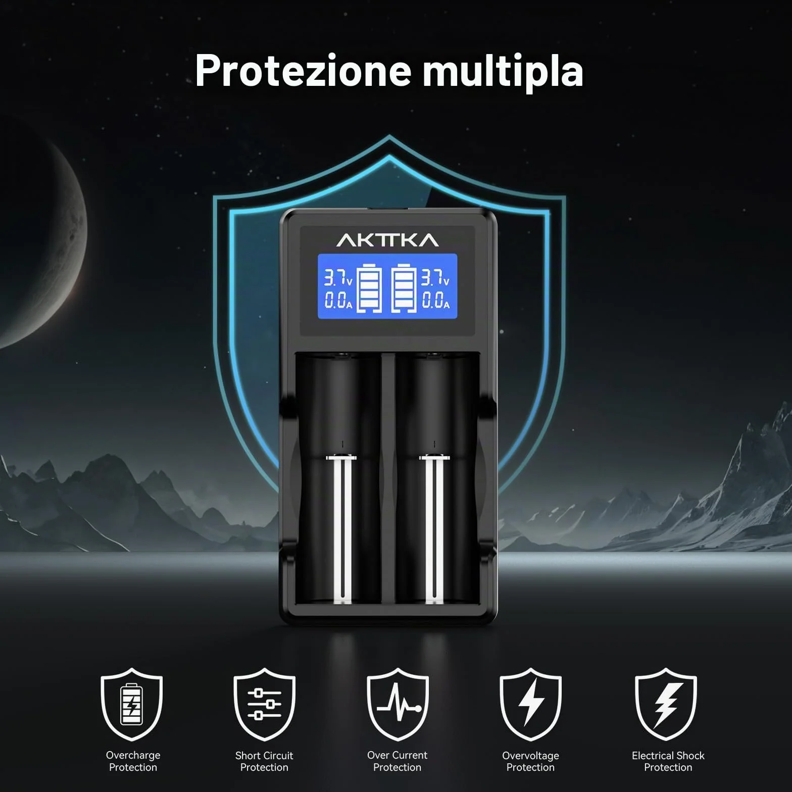 Caricabatterie Intelligente con Schermo LCD e Ricarica Rapida 5V/2A, Compatibile con Batterie Li-Ion 18650/21700/20700/26650 e Ni-MH/Ni-Cd AA/AAA/C, con Porta Type-C