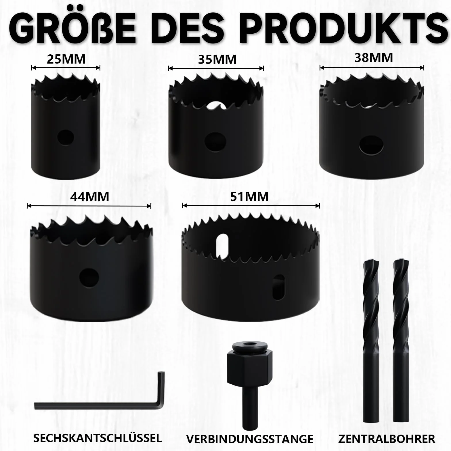 Set sega a tazza bi-metallo 9 pezzi 25-51mm per legno cartongesso plastica con mandrino e chiave esagonale