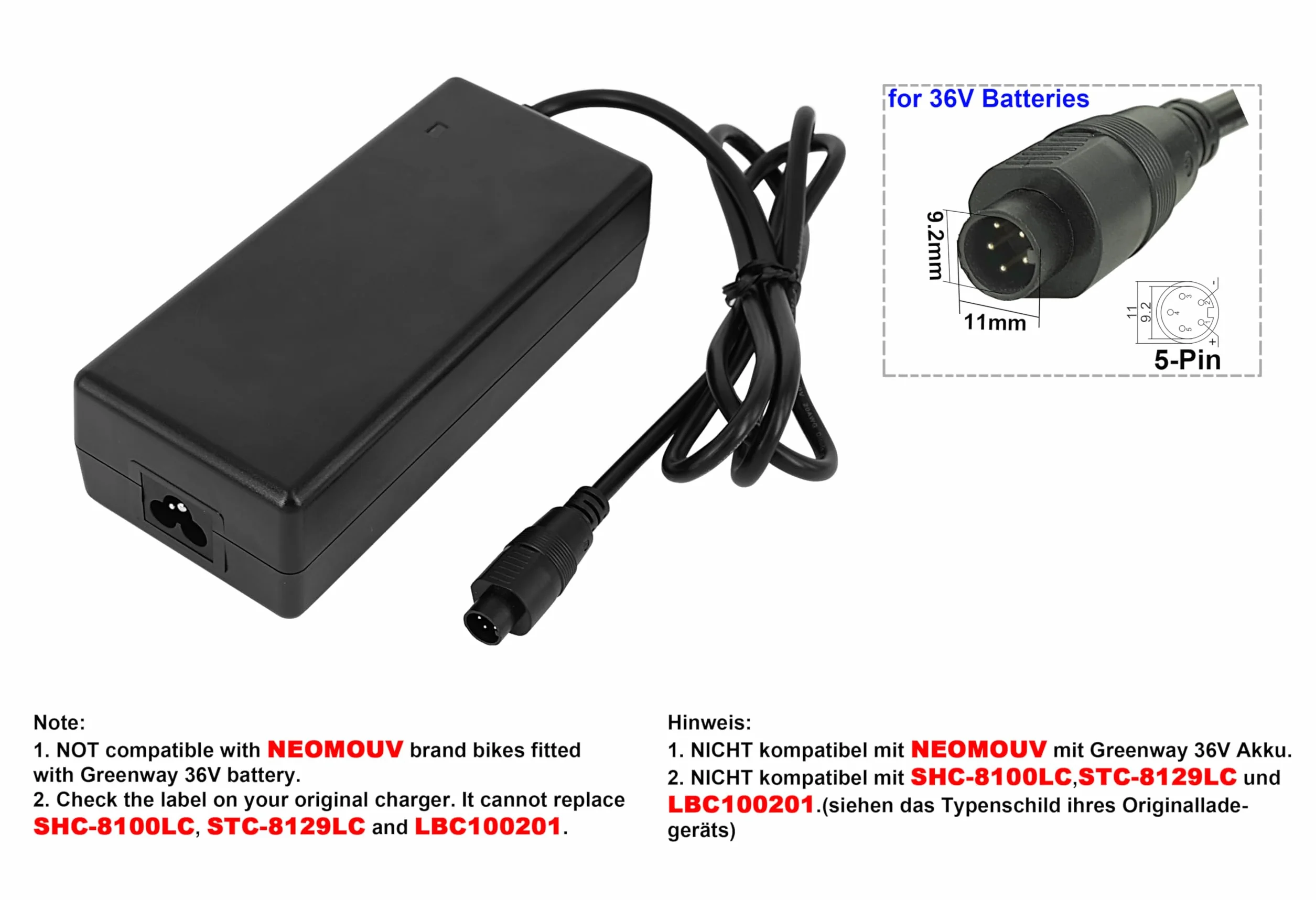 PowerSmart® Caricatore 2A SV per batterie Phylion 36V-42V per SSLC084V42MH, JCLC084V42M, Non per metallo 5-Pin