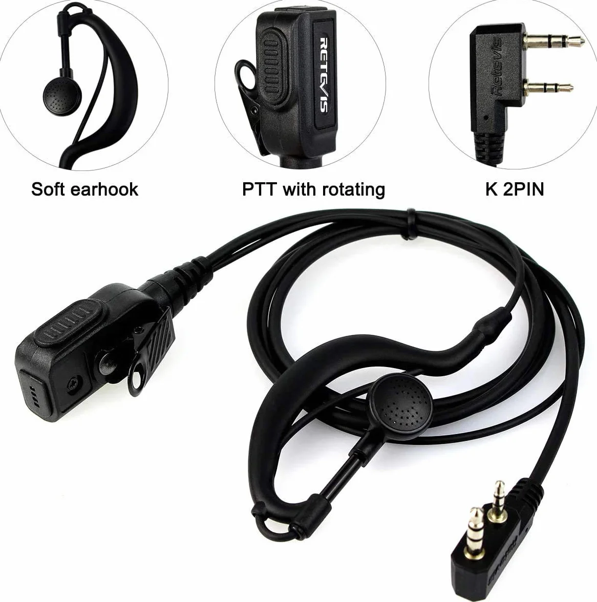 Retevis Walkie Talkie Auriculari, 2 pin G-Tipo Curvetta Auricolare Compatibile RT619 RT24 RT27 Baofeng BF-888S UV-5RV Kenwood Walkie Talkie (2 Pezzi)