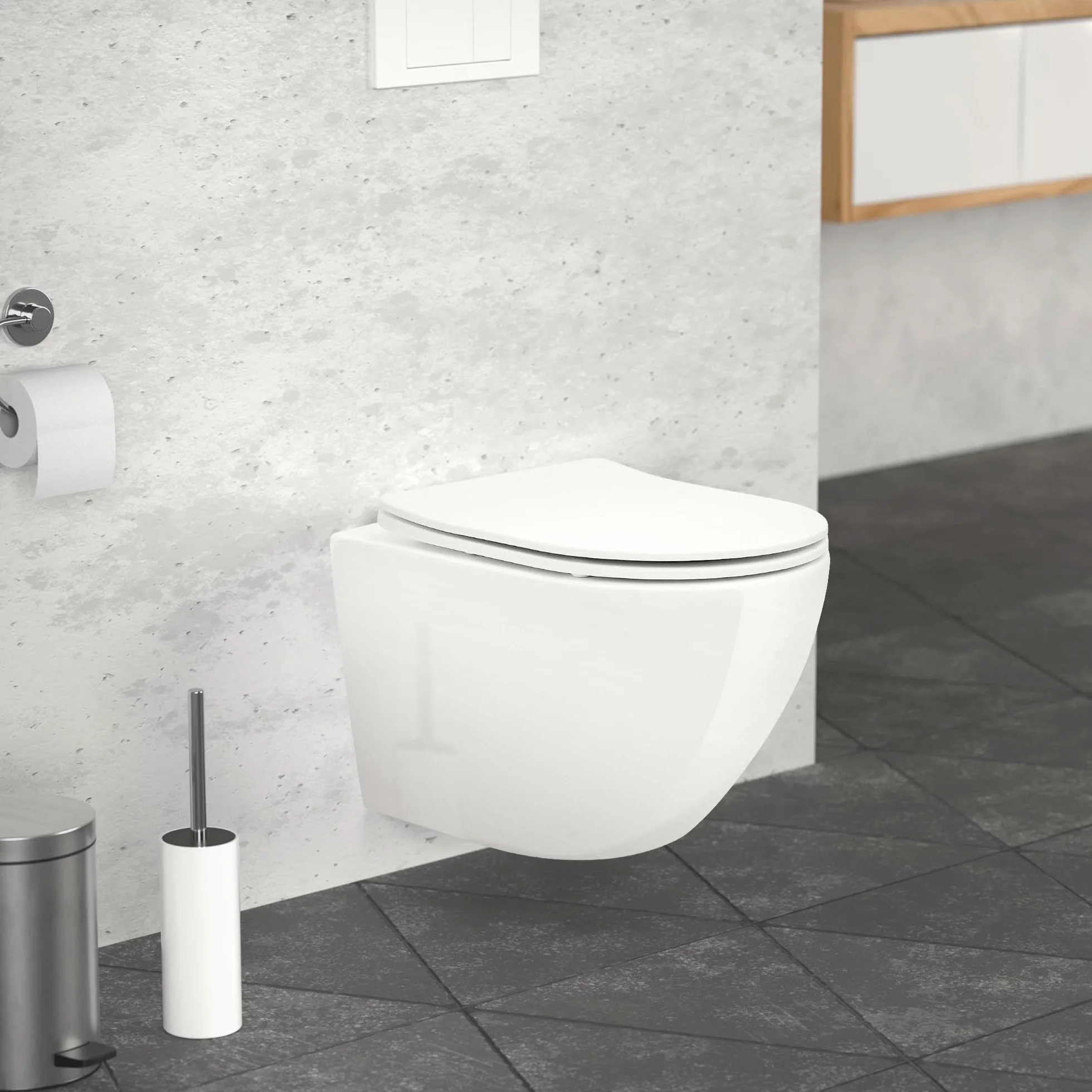 LuxeBath WC Sospeso Senza Bordo Vaso in Ceramica Bianco Corto 49 cm Risciacquo Scarico Tornado con Sedile Softclose