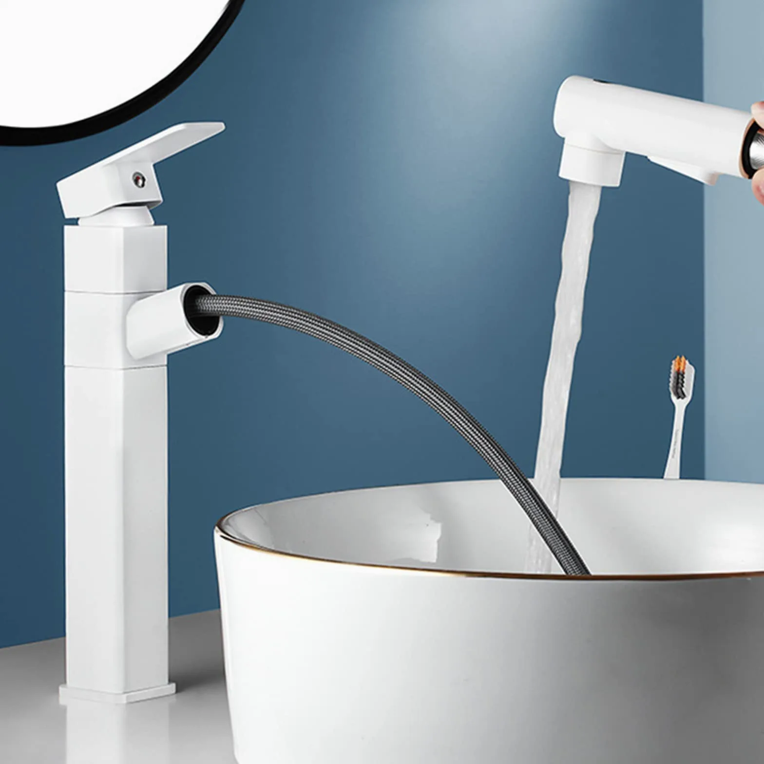 Generico Rubinetto da Bagno Rubinetto Miscelatore Girevole con Doccetta Estraibile per Lavabo da Cucina E Bagno Nero Quadrato Alto
